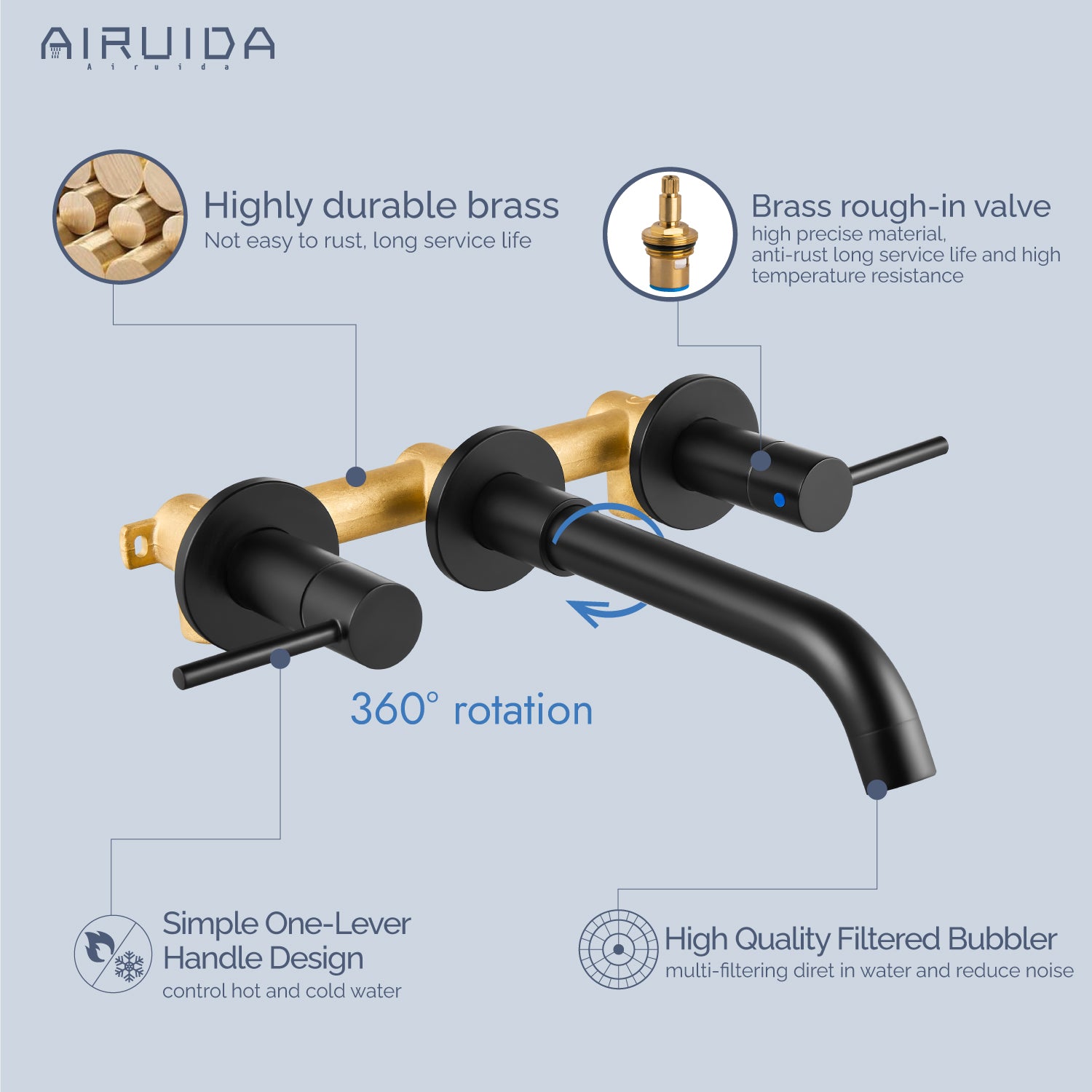 Airuida Wall Mount Bathroom Faucet Solid Brass Widespread Bathroom 360 Swivel Spout Sink Faucet Double Handles Lavatory Basin Sink Mixing Faucet with Rough in Valve