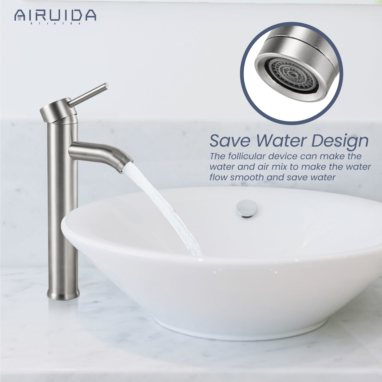 Airuida Single Hole Bathroom Bowl Vanity Faucets Single Handle Tall Bathroom Mixer Tap Stainless Steel Deck Mount with Circular Spout Bowl Vessel Sink Faucet