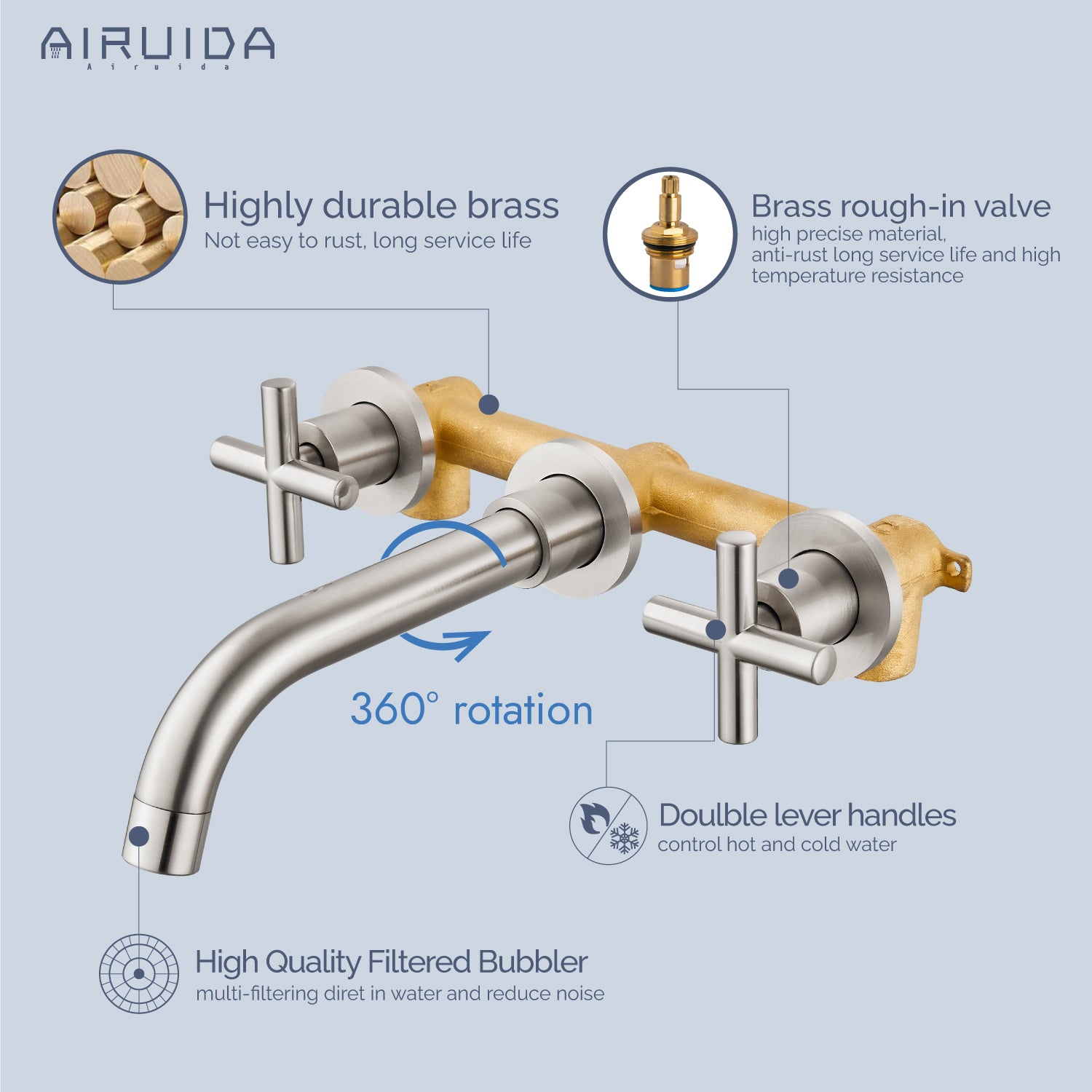 Airuida Wall Mount Bathroom Faucet Solid Brass Widespread Bathroom 360 Swivel Spout Sink Faucet Double Handles Lavatory Basin Sink Mixing Faucet with Rough in Valve