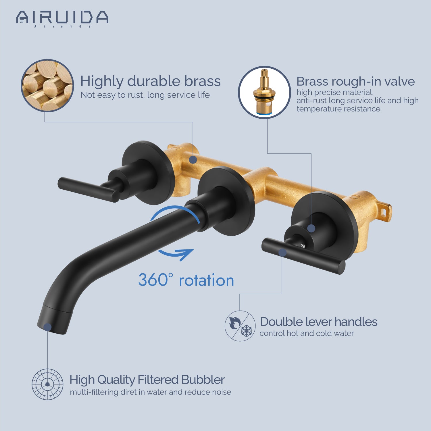 Airuida Wall Mount Bathroom Faucet Solid Brass Widespread Bathroom 360 Swivel Spout Sink Faucet Double Handles Lavatory Basin Sink Mixing Faucet with Rough in Valve