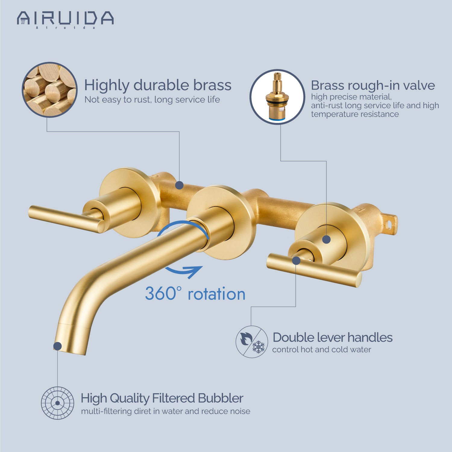 Airuida Wall Mount Bathroom Faucet Solid Brass Widespread Bathroom 360 Swivel Spout Sink Faucet Double Handles Lavatory Basin Sink Mixing Faucet with Rough in Valve