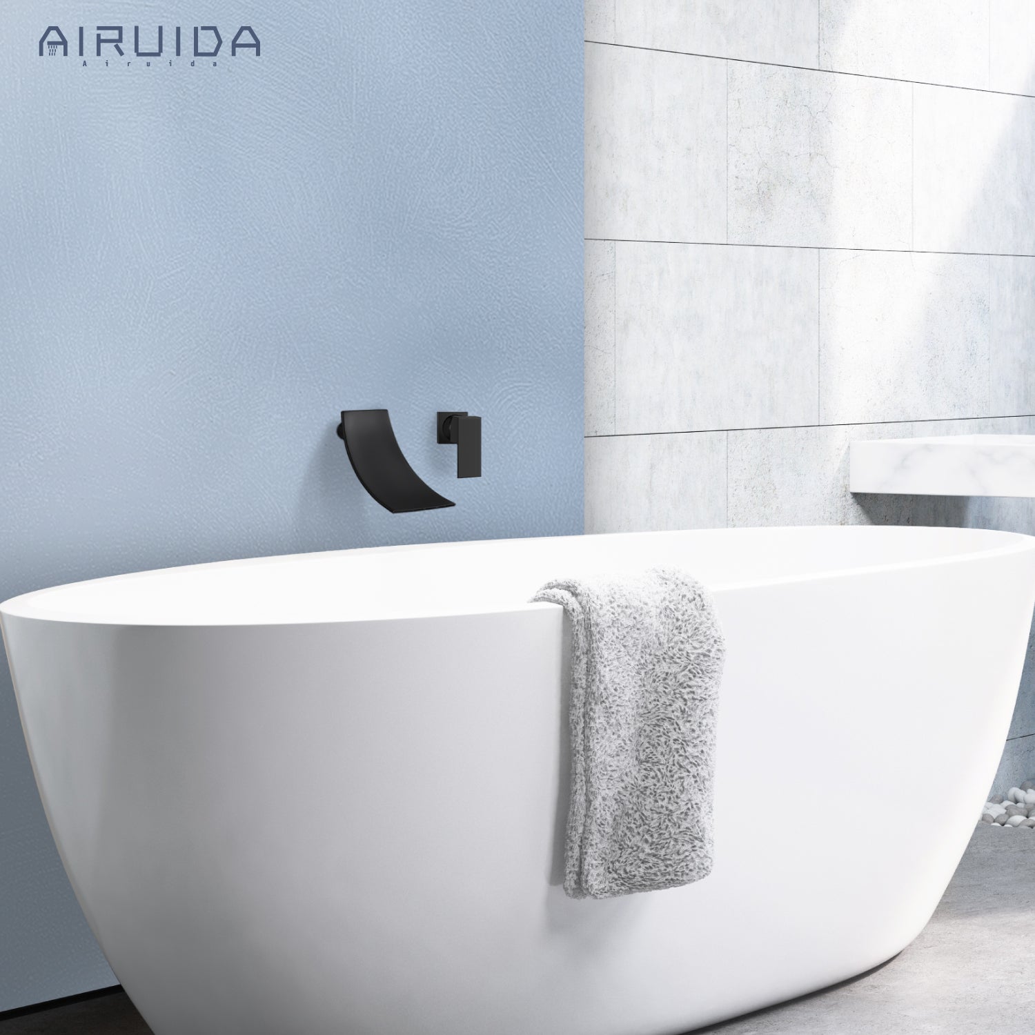 Airuida Wall Mount Wall Mount Bathtub Faucet, Tub Filler with Waterfall Tub Spout, Single Handle Bathroom Mixer Tap Brass Rough-in Valve Included