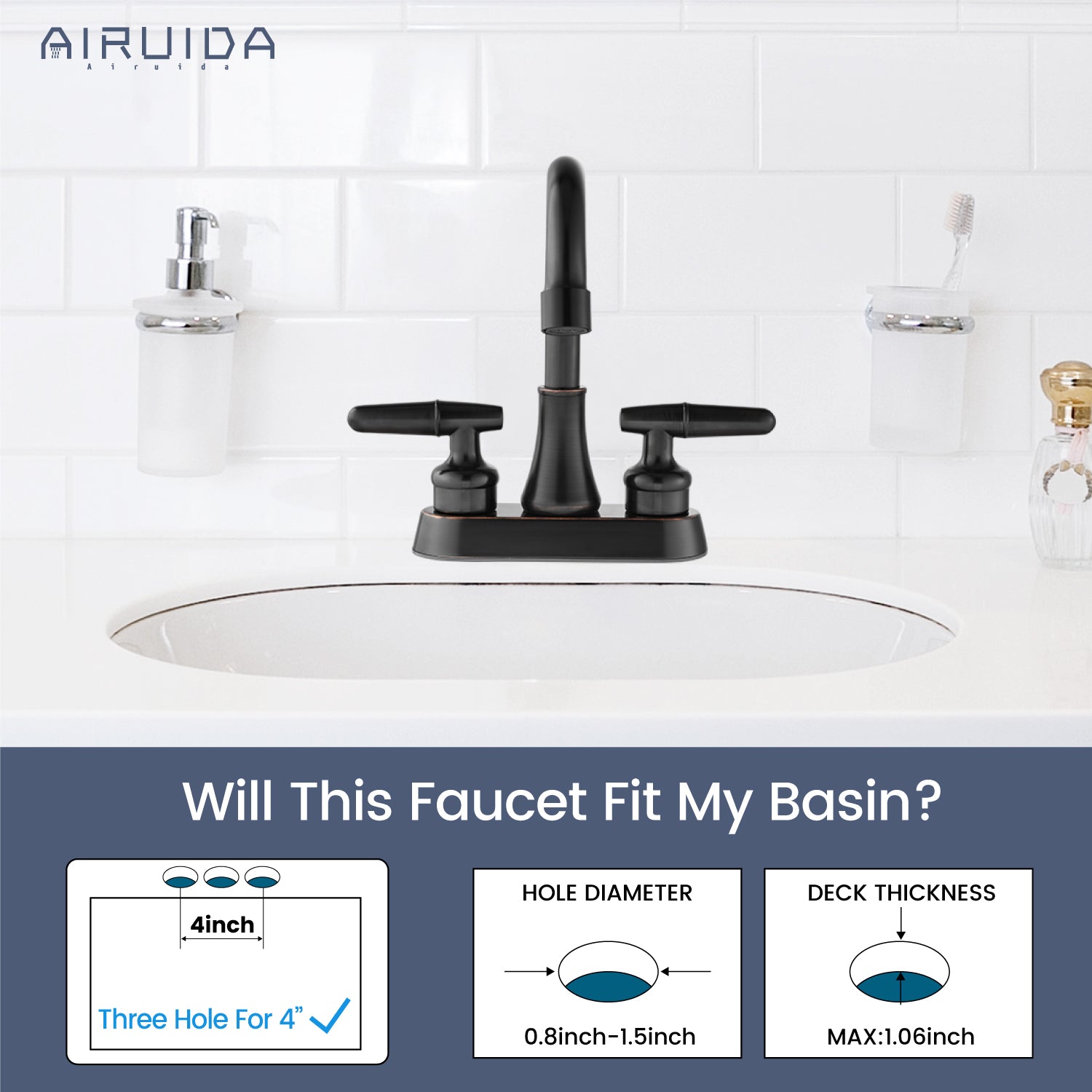 Airuida Bathroom Faucet 4 inch Centerset Two Handle Bathroom Sink Faucet 360°Swivel Spout Bathroom Faucet with Supply Hoses and Pop Up Drain Deck Mount