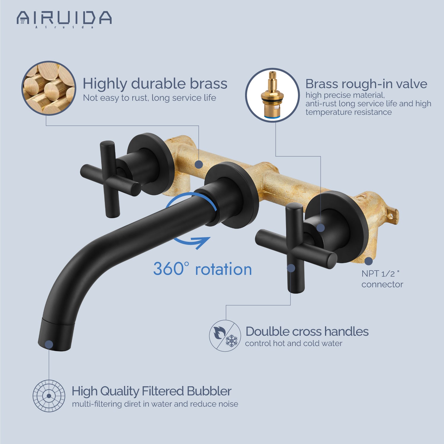 Airuida Wall Mount Bathroom Faucet Solid Brass Widespread Bathroom 360 Swivel Spout Sink Faucet Double Handles Lavatory Basin Sink Mixing Faucet with Rough in Valve