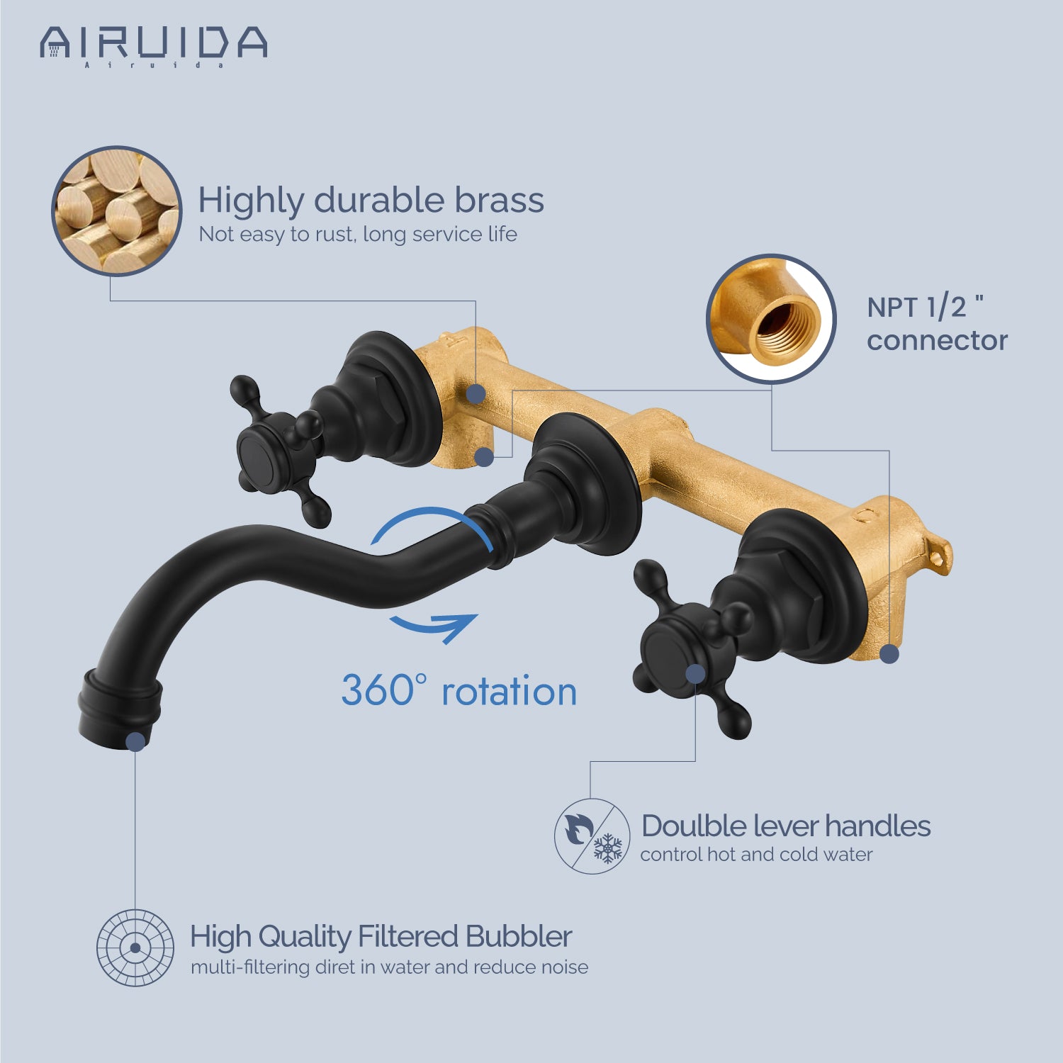 Airuida Wall Mount Faucet, Widespread Wall Mount Bathroom Sink Faucet, 360 Swivel Spout 2 Cross Knobs Handles 3 Holes Lavatory Basin Sink Mixing Faucet with Rough in Valve