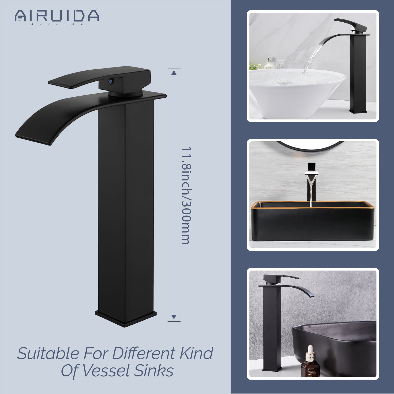 Airuida Vessel Sink Faucet Tall Waterfall Bathroom Faucet, Single Handle One Hole Mixer Bowl Tap with Large Rectangular Spout, Bar Sink Faucet Lavatory Vanity