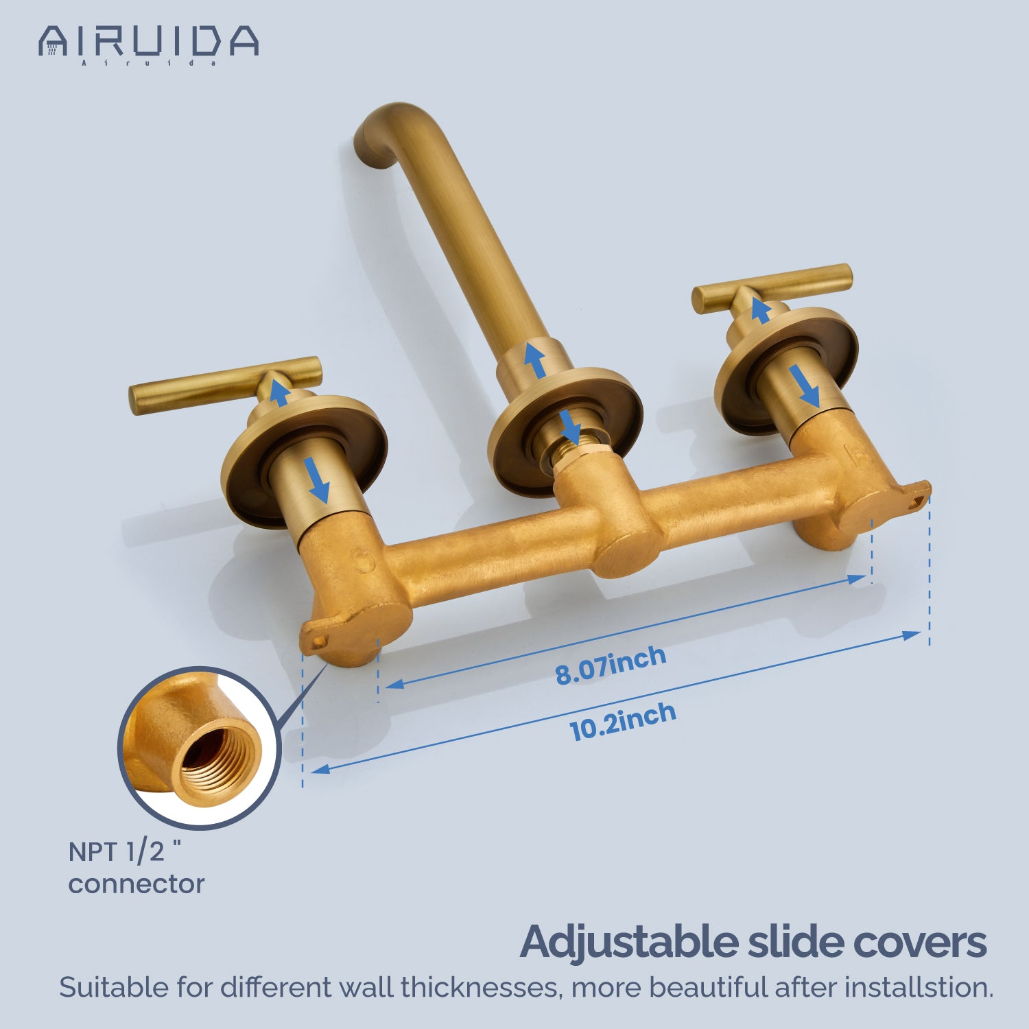 Airuida Wall Mount Bathroom Faucet Solid Brass Widespread Bathroom 360 Swivel Spout Sink Faucet Double Handles Lavatory Basin Sink Mixing Faucet with Rough in Valve