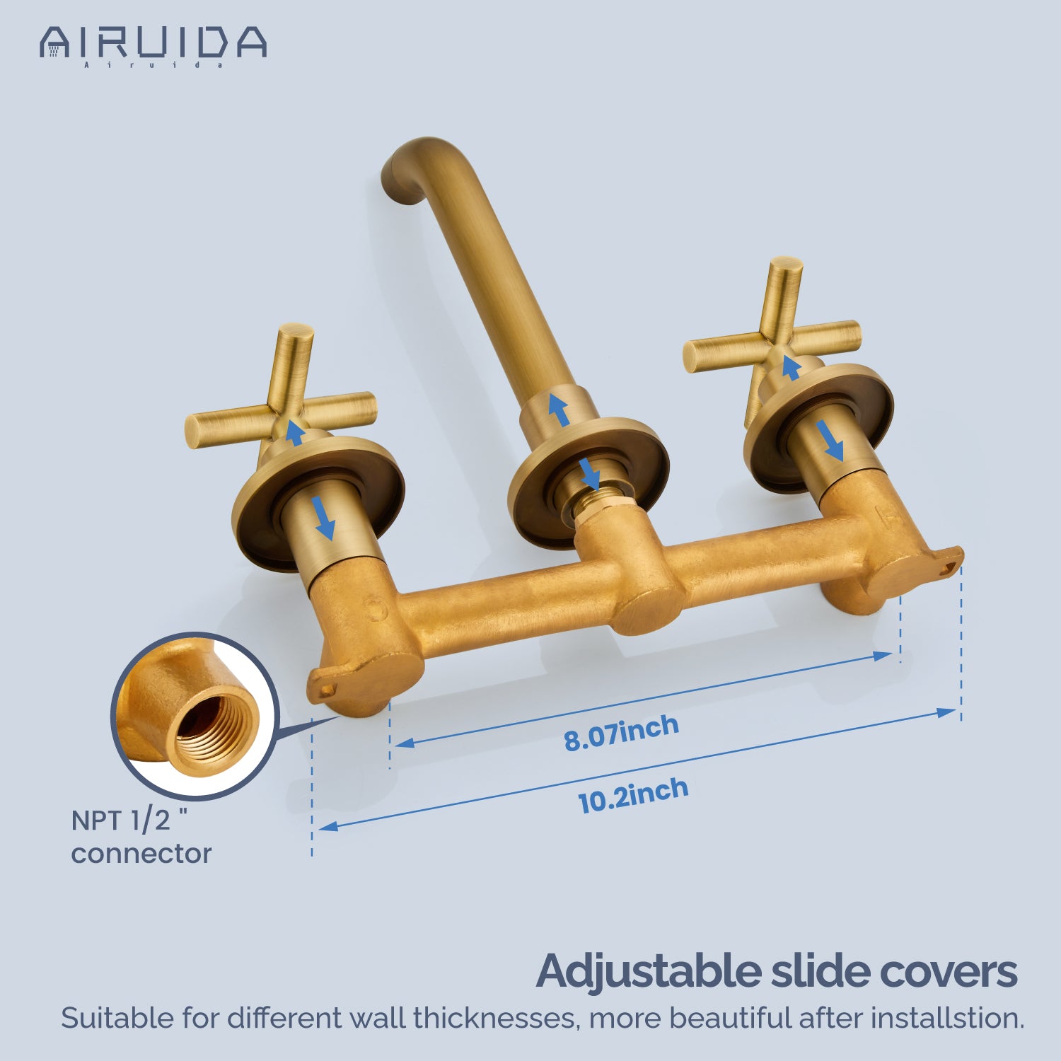 Airuida Wall Mount Bathroom Faucet Solid Brass Widespread Bathroom 360 Swivel Spout Sink Faucet Double Handles Lavatory Basin Sink Mixing Faucet with Rough in Valve