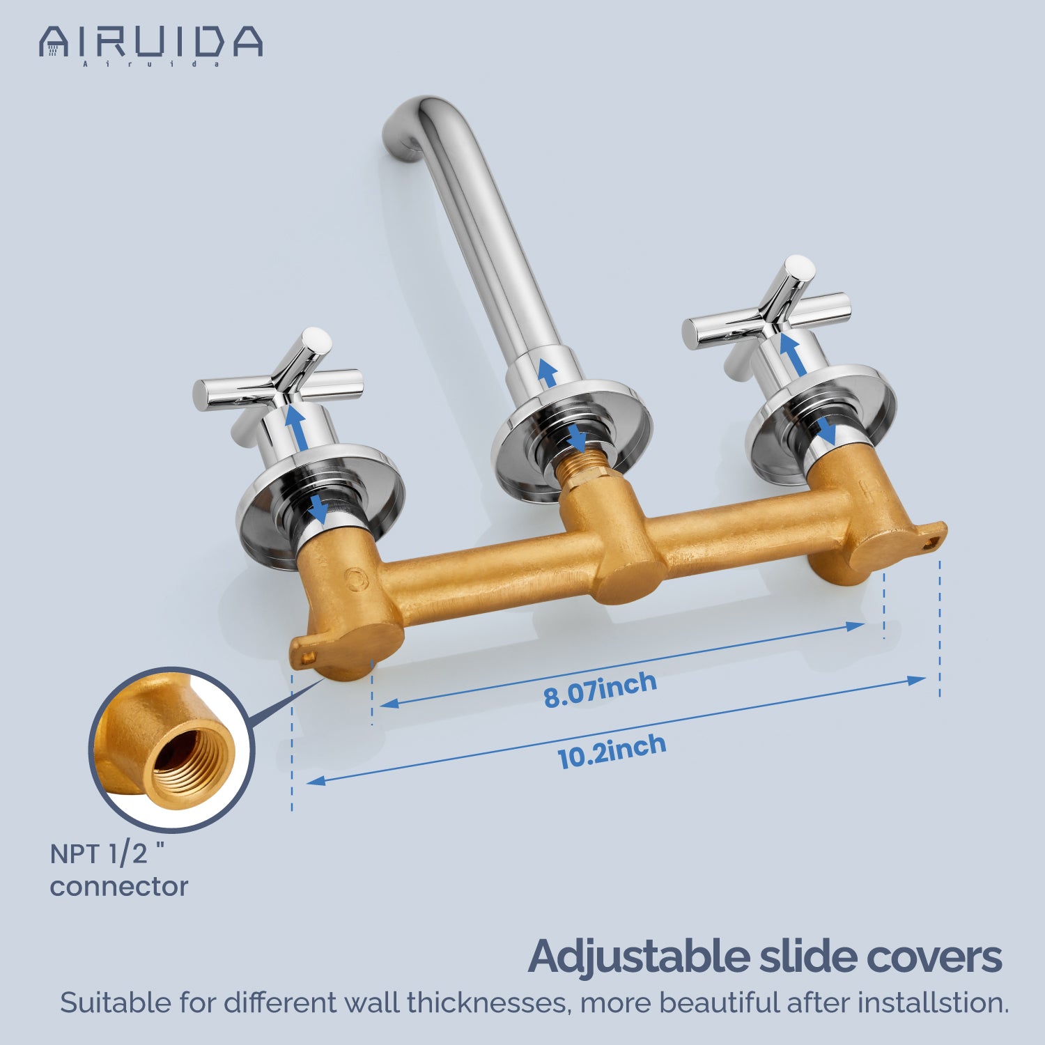 Airuida Wall Mount Bathroom Faucet Solid Brass Widespread Bathroom 360 Swivel Spout Sink Faucet Double Handles Lavatory Basin Sink Mixing Faucet with Rough in Valve