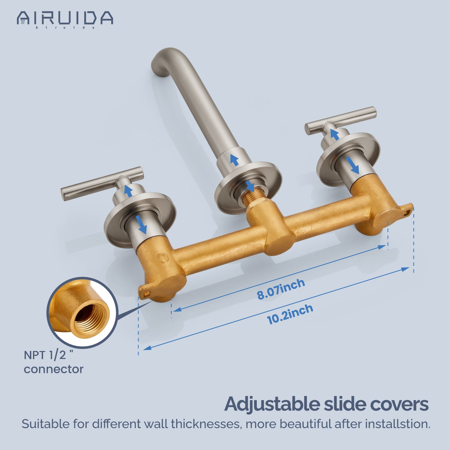 Airuida Wall Mount Bathroom Faucet Solid Brass Widespread Bathroom 360 Swivel Spout Sink Faucet Double Handles Lavatory Basin Sink Mixing Faucet with Rough in Valve