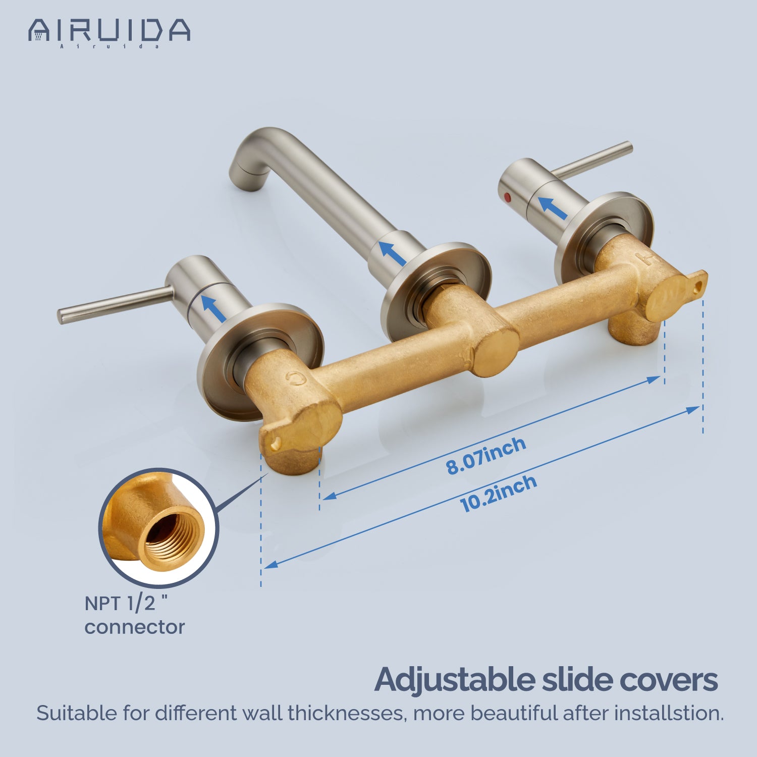 Airuida Wall Mount Bathroom Faucet Solid Brass Widespread Bathroom 360 Swivel Spout Sink Faucet Double Handles Lavatory Basin Sink Mixing Faucet with Rough in Valve