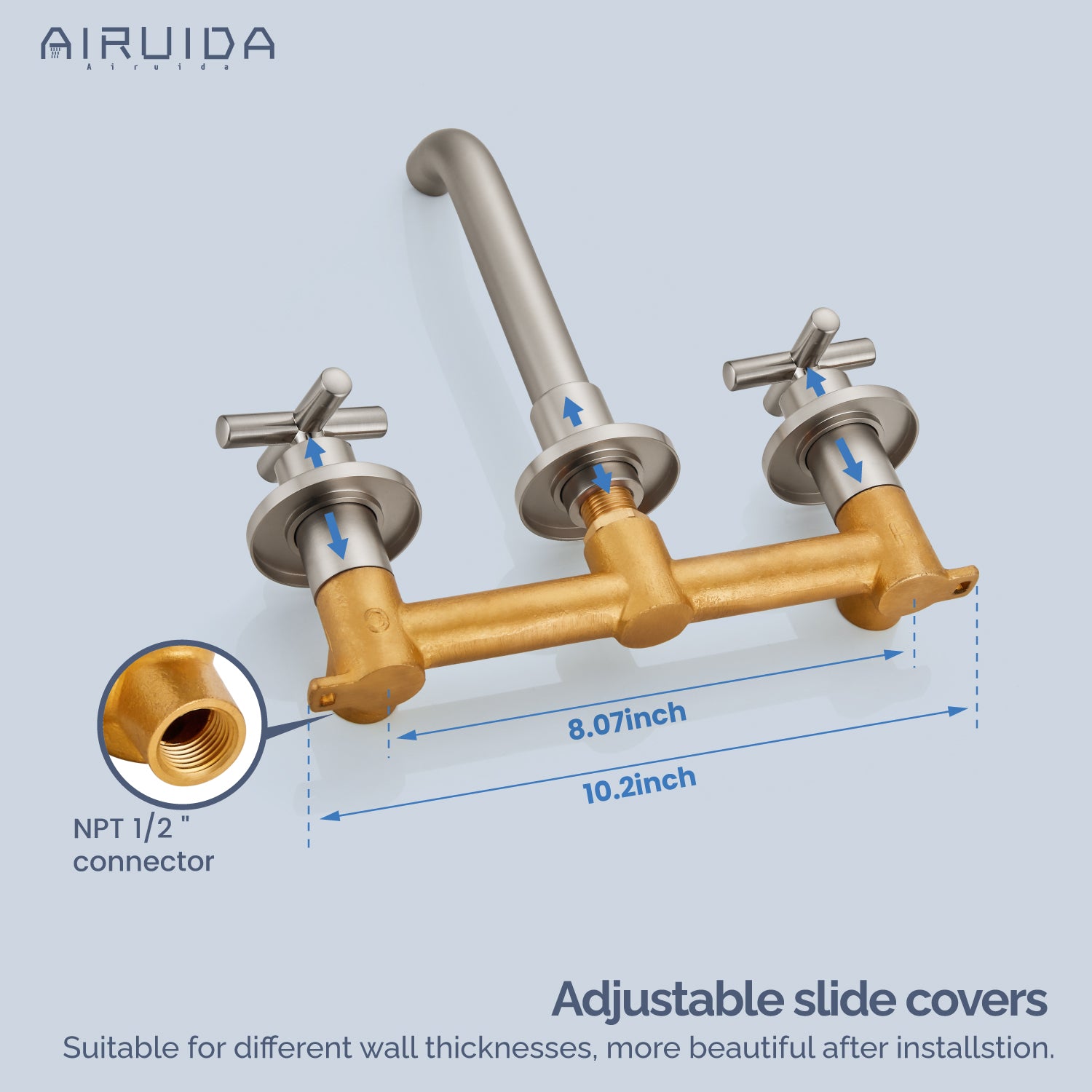 Airuida Wall Mount Bathroom Faucet Solid Brass Widespread Bathroom 360 Swivel Spout Sink Faucet Double Handles Lavatory Basin Sink Mixing Faucet with Rough in Valve