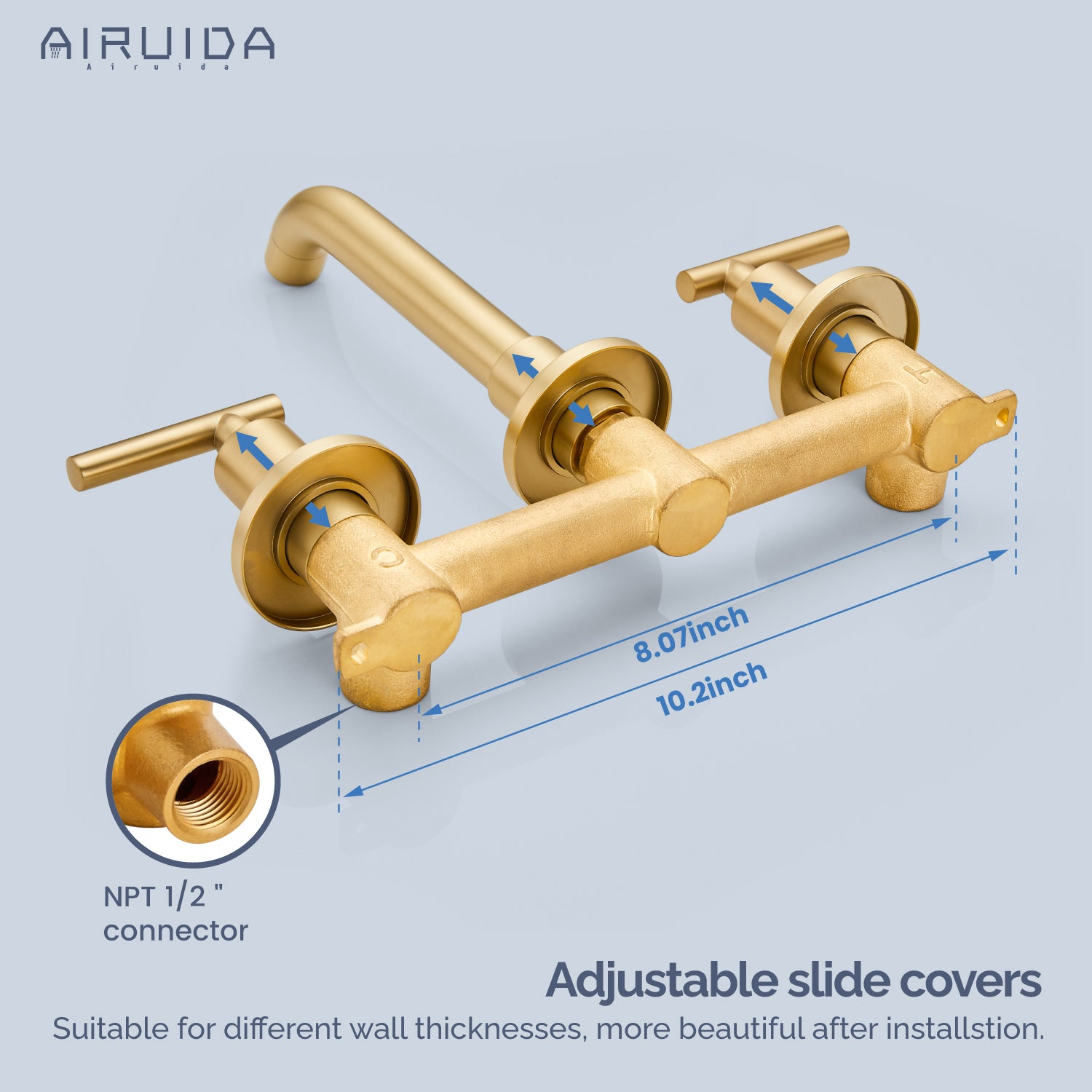 Airuida Wall Mount Bathroom Faucet Solid Brass Widespread Bathroom 360 Swivel Spout Sink Faucet Double Handles Lavatory Basin Sink Mixing Faucet with Rough in Valve