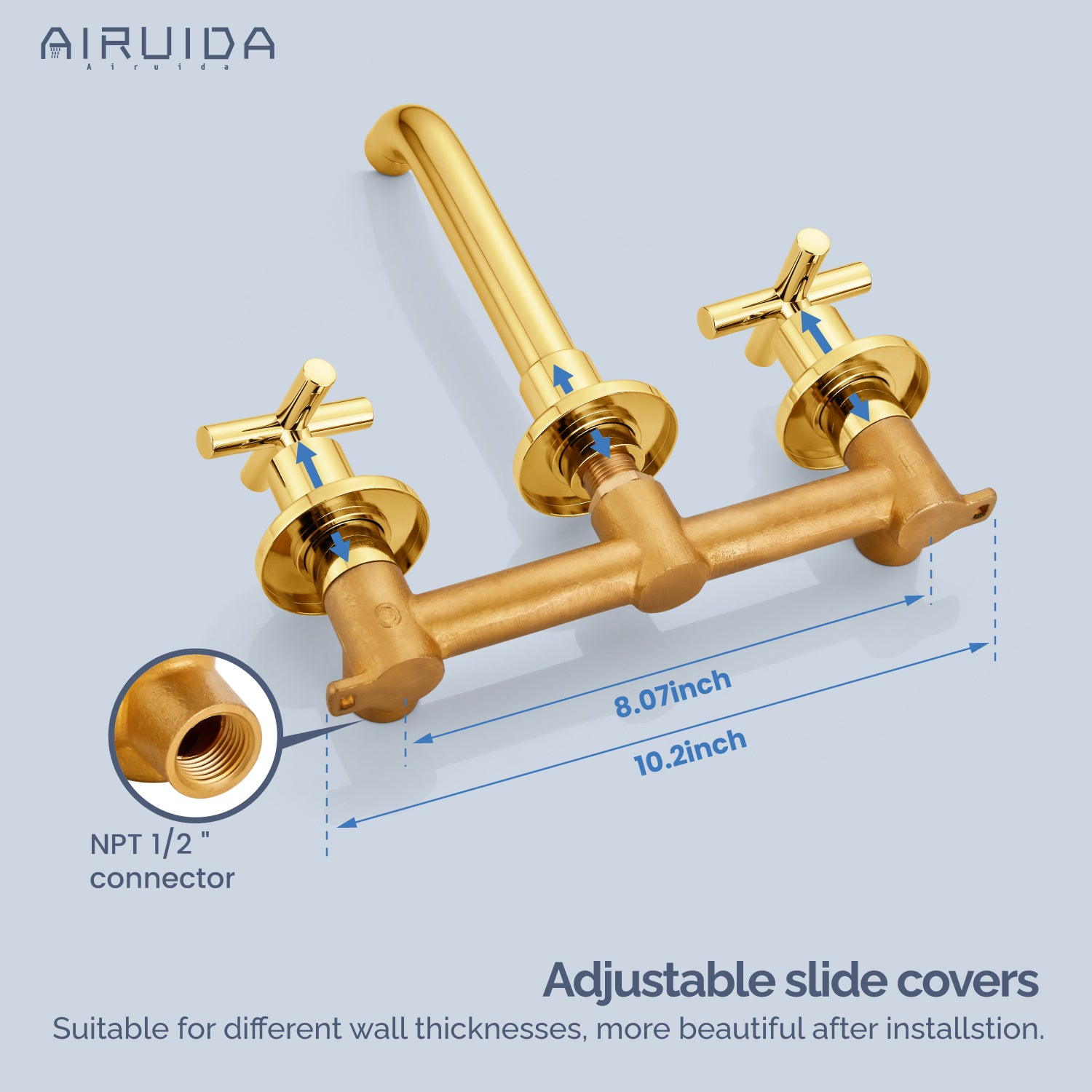 Airuida Wall Mount Bathroom Faucet Solid Brass Widespread Bathroom 360 Swivel Spout Sink Faucet Double Handles Lavatory Basin Sink Mixing Faucet with Rough in Valve