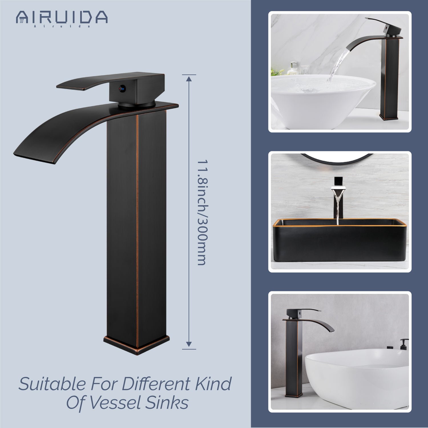 Airuida Vessel Sink Faucet Tall Waterfall Bathroom Faucet, Single Handle One Hole Mixer Bowl Tap with Large Rectangular Spout, Bar Sink Faucet Lavatory Vanity