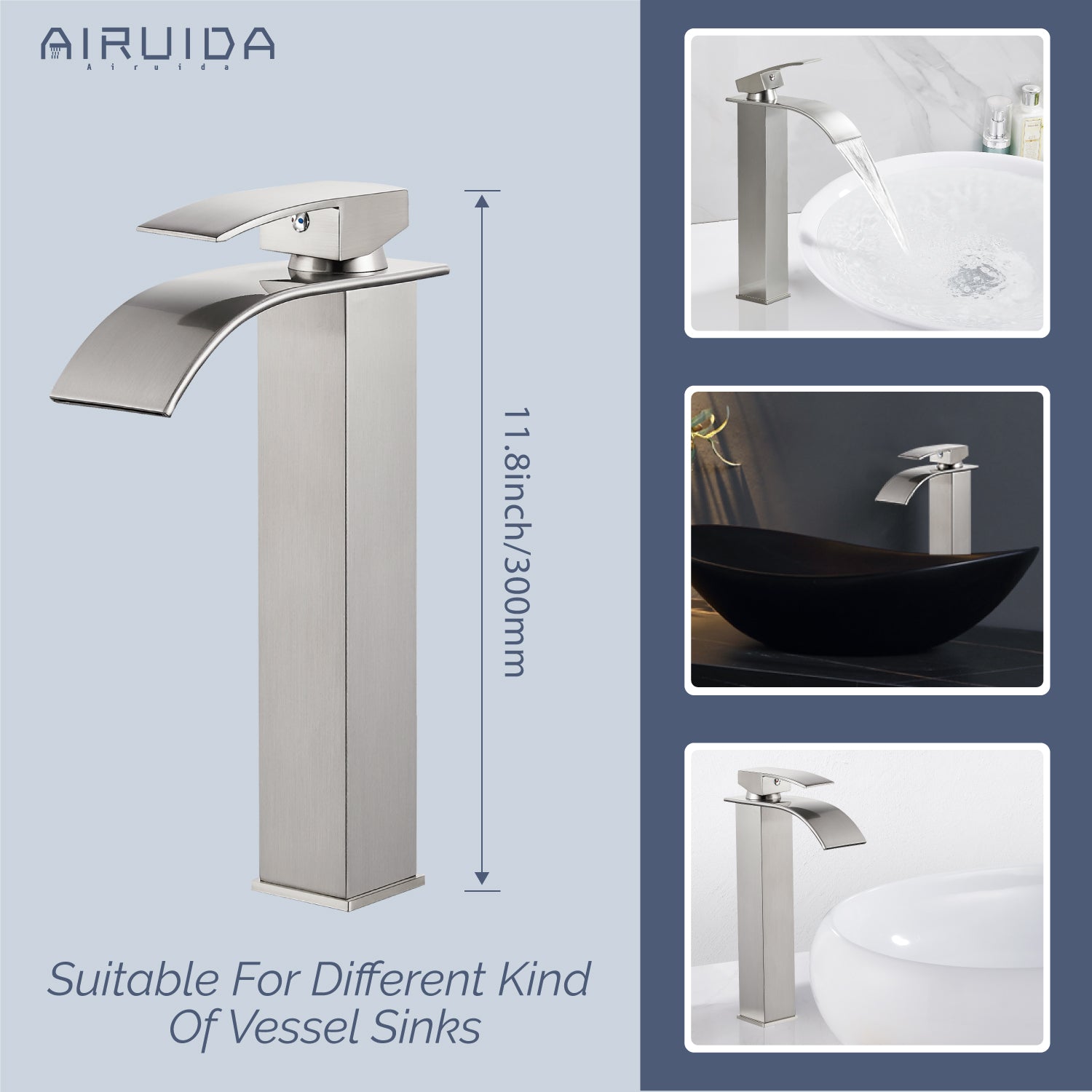 Airuida Vessel Sink Faucet Tall Waterfall Bathroom Faucet, Single Handle One Hole Mixer Bowl Tap with Large Rectangular Spout, Bar Sink Faucet Lavatory Vanity