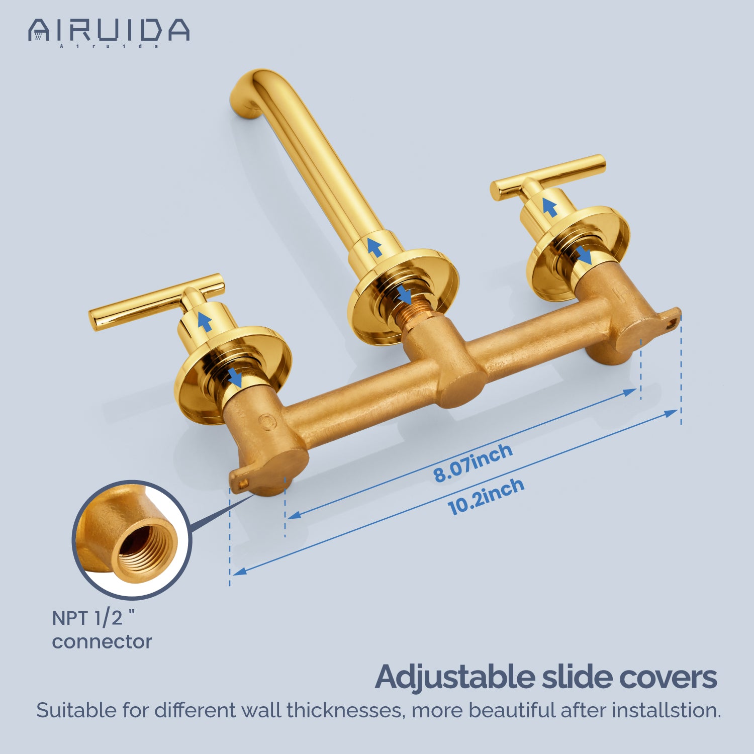 Airuida Wall Mount Bathroom Faucet Solid Brass Widespread Bathroom 360 Swivel Spout Sink Faucet Double Handles Lavatory Basin Sink Mixing Faucet with Rough in Valve