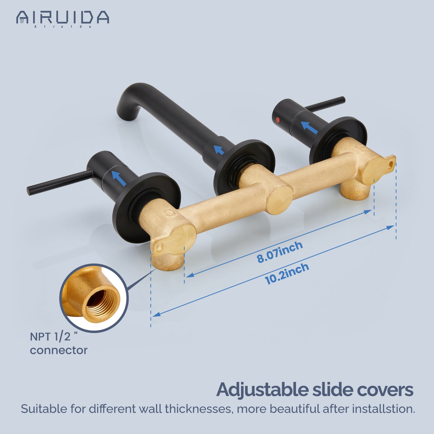 Airuida Wall Mount Bathroom Faucet Solid Brass Widespread Bathroom 360 Swivel Spout Sink Faucet Double Handles Lavatory Basin Sink Mixing Faucet with Rough in Valve