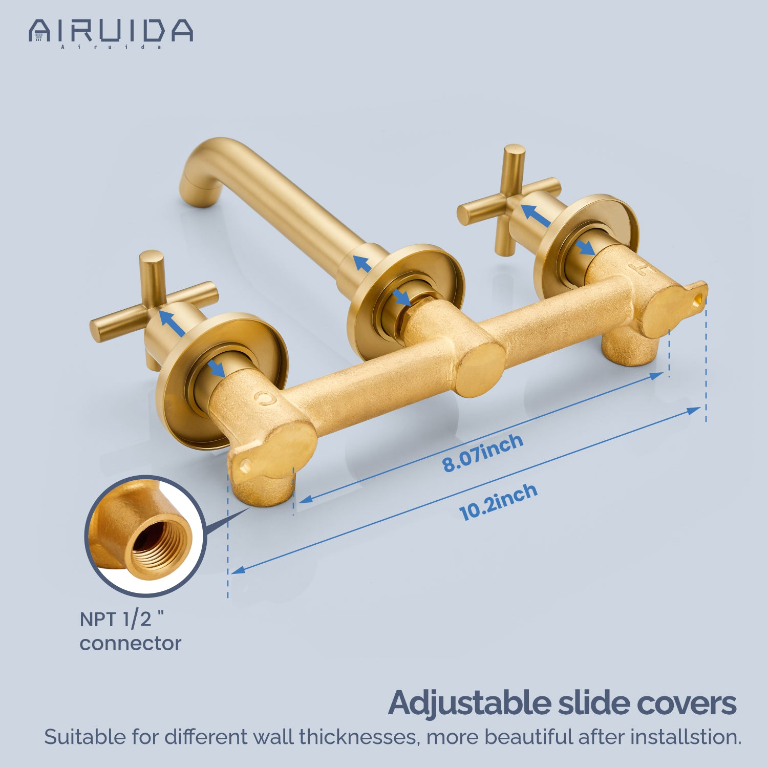 Airuida Wall Mount Bathroom Faucet Solid Brass Widespread Bathroom 360 Swivel Spout Sink Faucet Double Handles Lavatory Basin Sink Mixing Faucet with Rough in Valve