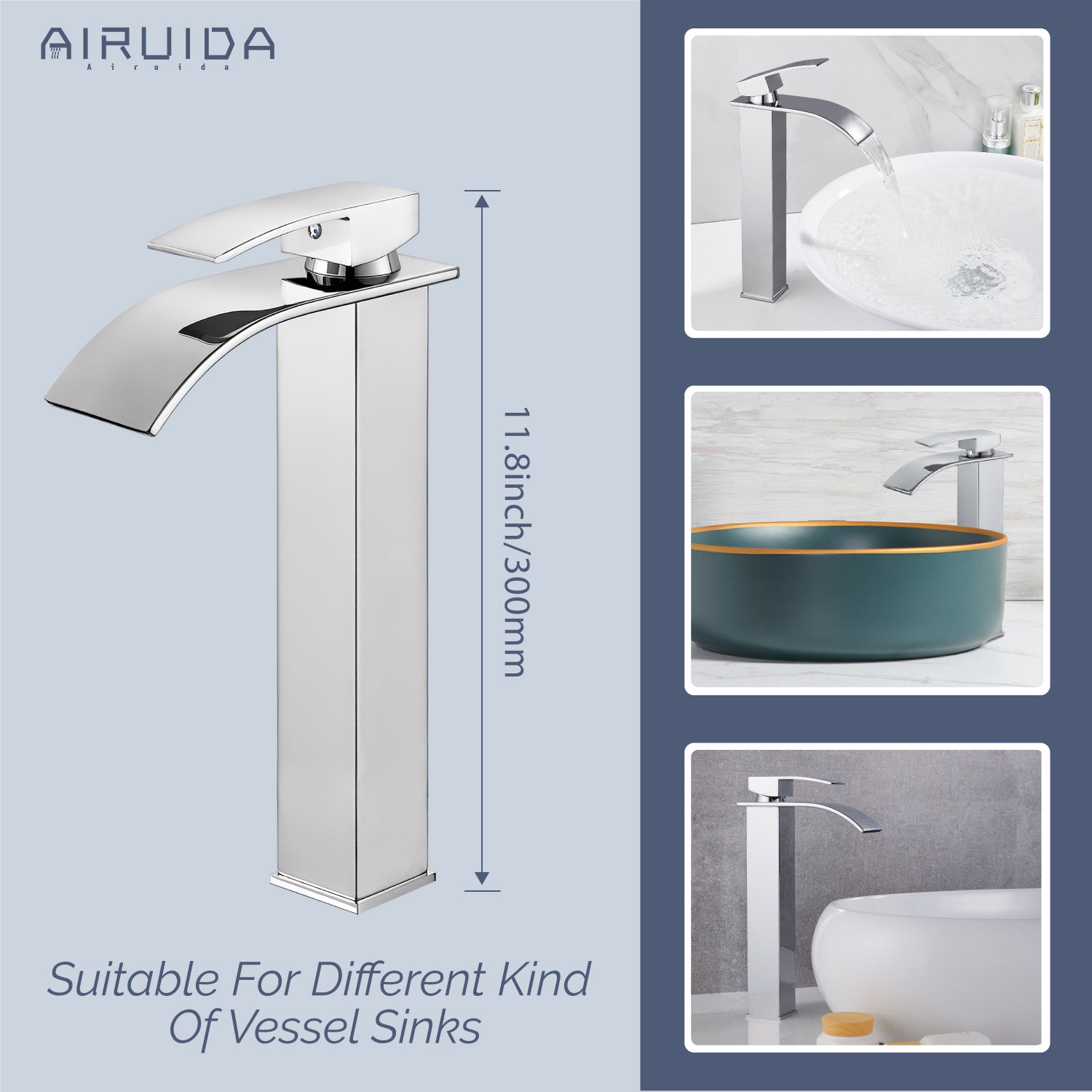 Airuida Vessel Sink Faucet Tall Waterfall Bathroom Faucet, Single Handle One Hole Mixer Bowl Tap with Large Rectangular Spout, Bar Sink Faucet Lavatory Vanity