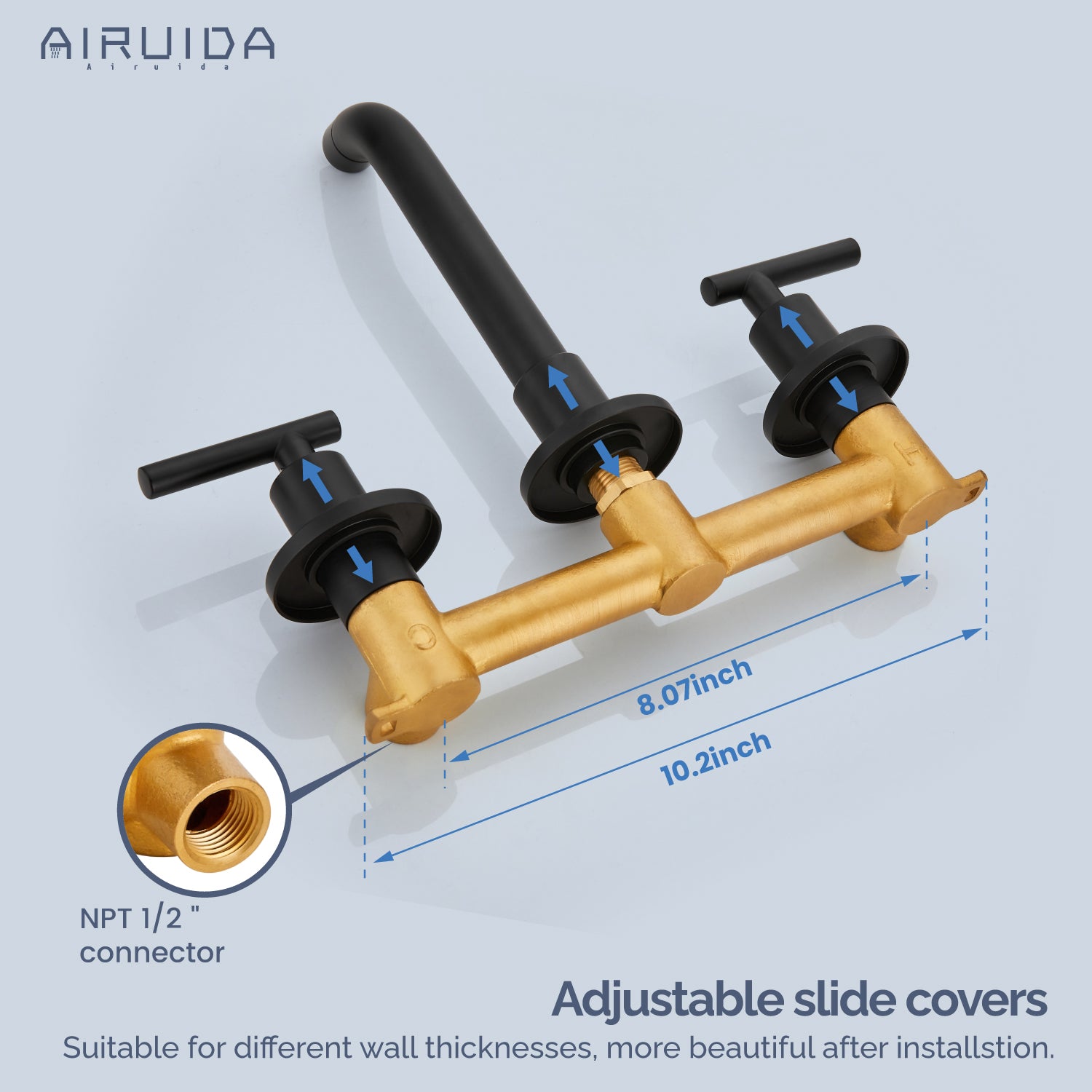 Airuida Wall Mount Bathroom Faucet Solid Brass Widespread Bathroom 360 Swivel Spout Sink Faucet Double Handles Lavatory Basin Sink Mixing Faucet with Rough in Valve