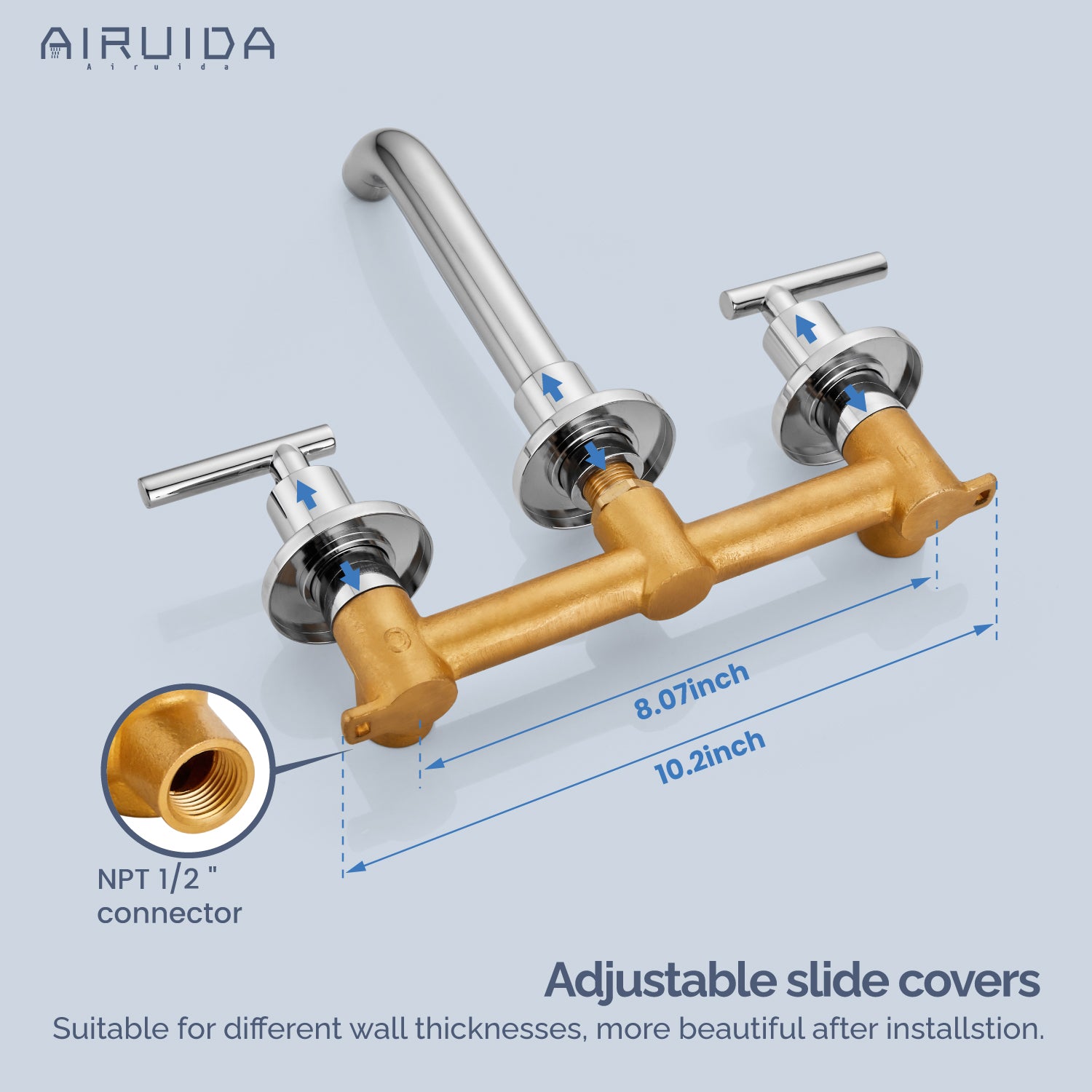 Airuida Wall Mount Bathroom Faucet Solid Brass Widespread Bathroom 360 Swivel Spout Sink Faucet Double Handles Lavatory Basin Sink Mixing Faucet with Rough in Valve