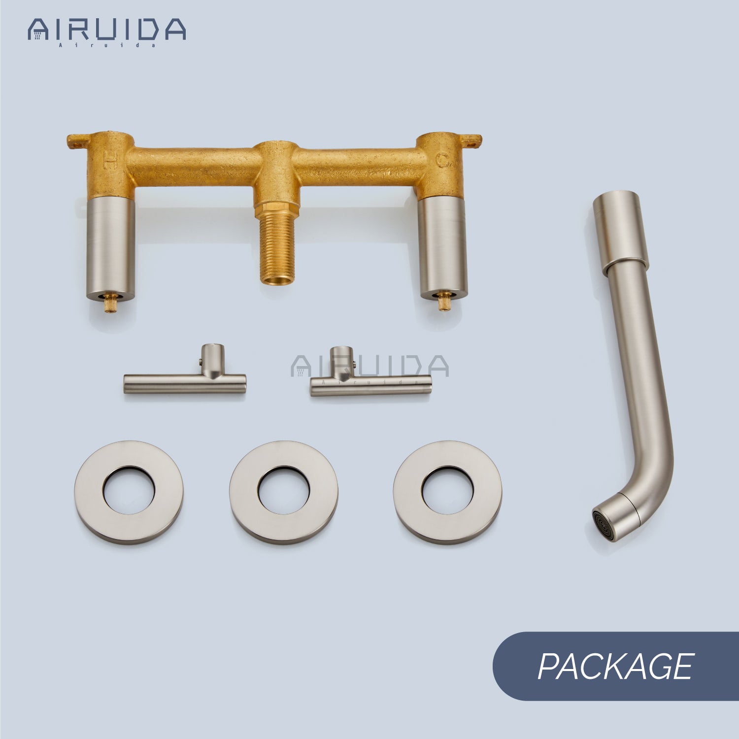 Airuida Wall Mount Bathroom Faucet Solid Brass Widespread Bathroom 360 Swivel Spout Sink Faucet Double Handles Lavatory Basin Sink Mixing Faucet with Rough in Valve