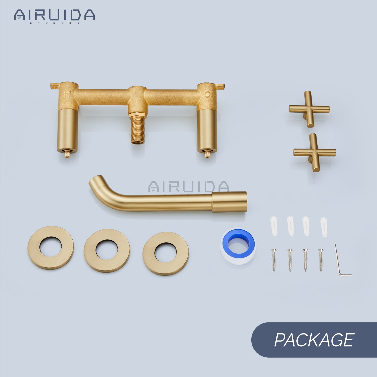 Airuida Wall Mount Bathroom Faucet Solid Brass Widespread Bathroom 360 Swivel Spout Sink Faucet Double Handles Lavatory Basin Sink Mixing Faucet with Rough in Valve