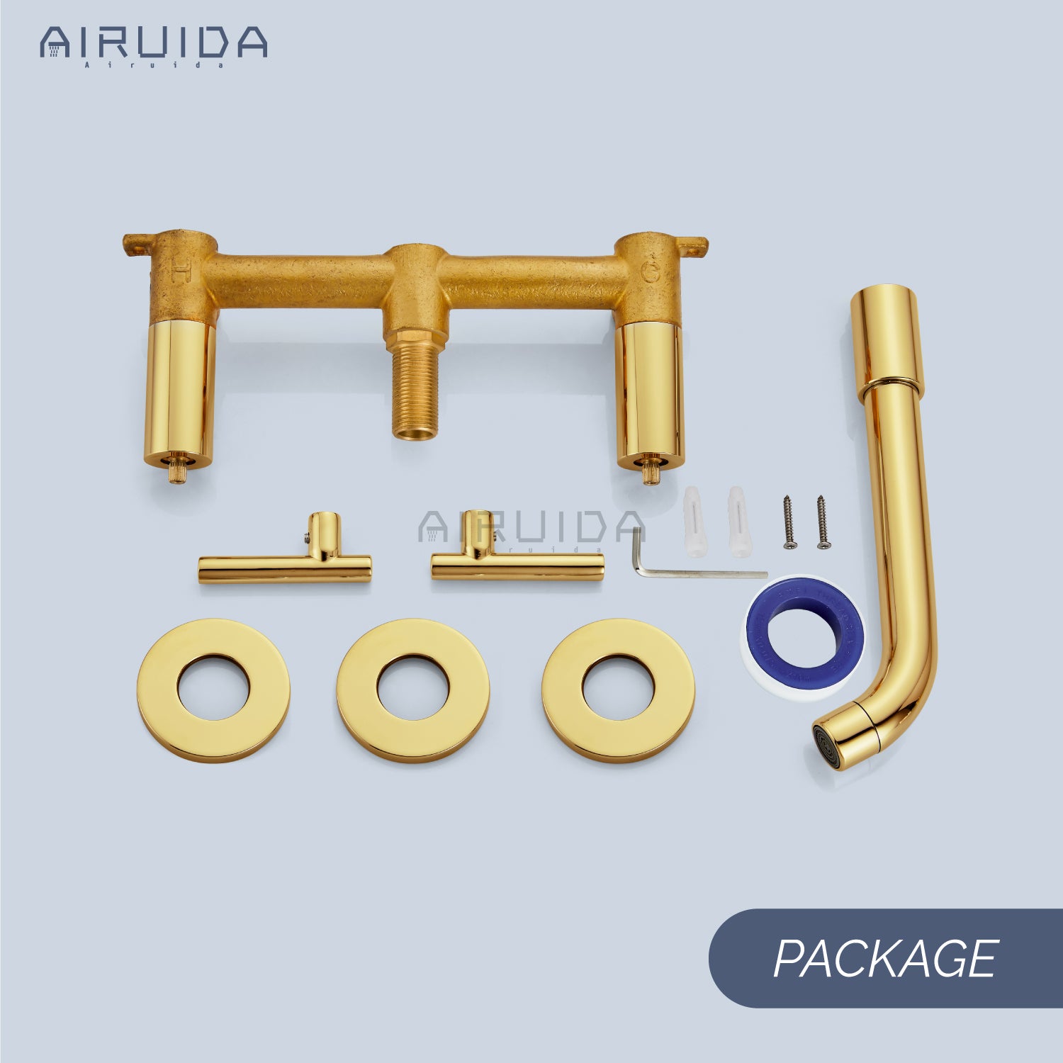 Airuida Wall Mount Bathroom Faucet Solid Brass Widespread Bathroom 360 Swivel Spout Sink Faucet Double Handles Lavatory Basin Sink Mixing Faucet with Rough in Valve