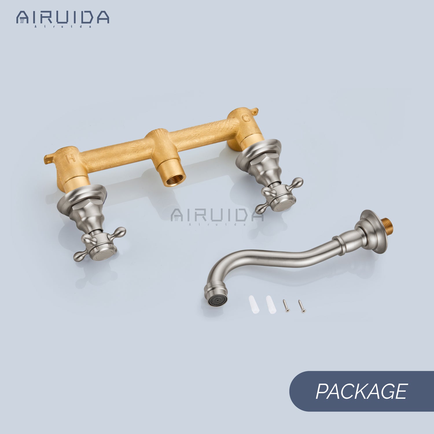 Airuida Wall Mount Faucet, Widespread Wall Mount Bathroom Sink Faucet, 360 Swivel Spout 2 Cross Knobs Handles 3 Holes Lavatory Basin Sink Mixing Faucet with Rough in Valve