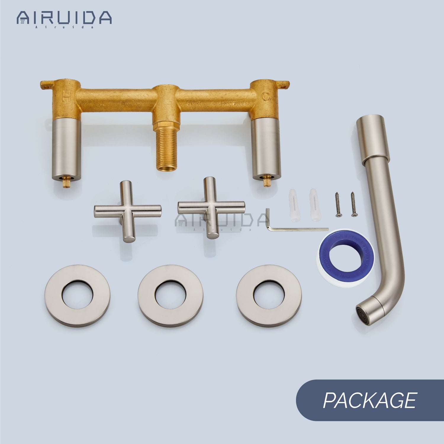 Airuida Wall Mount Bathroom Faucet Solid Brass Widespread Bathroom 360 Swivel Spout Sink Faucet Double Handles Lavatory Basin Sink Mixing Faucet with Rough in Valve