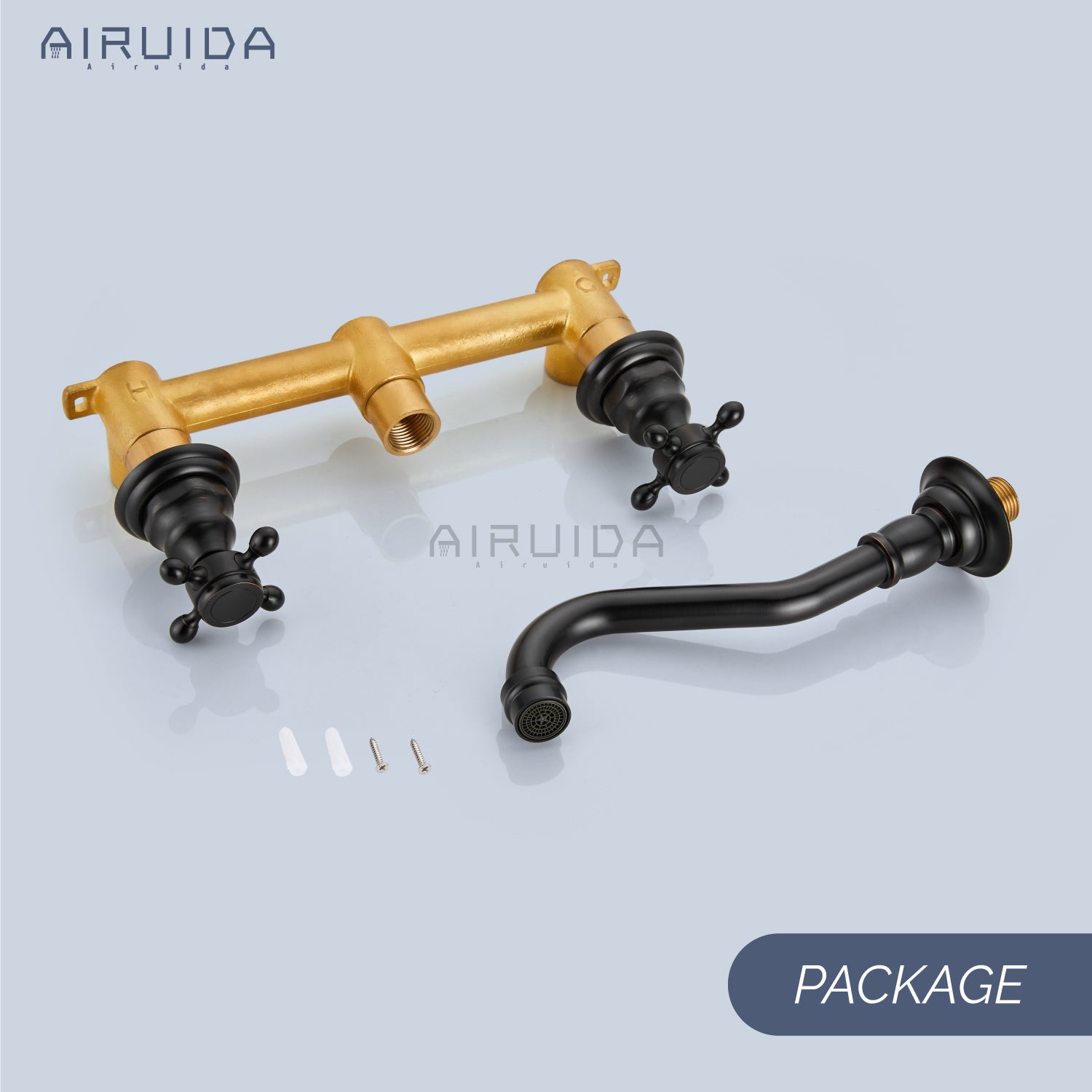Airuida Wall Mount Faucet, Widespread Wall Mount Bathroom Sink Faucet, 360 Swivel Spout 2 Cross Knobs Handles 3 Holes Lavatory Basin Sink Mixing Faucet with Rough in Valve
