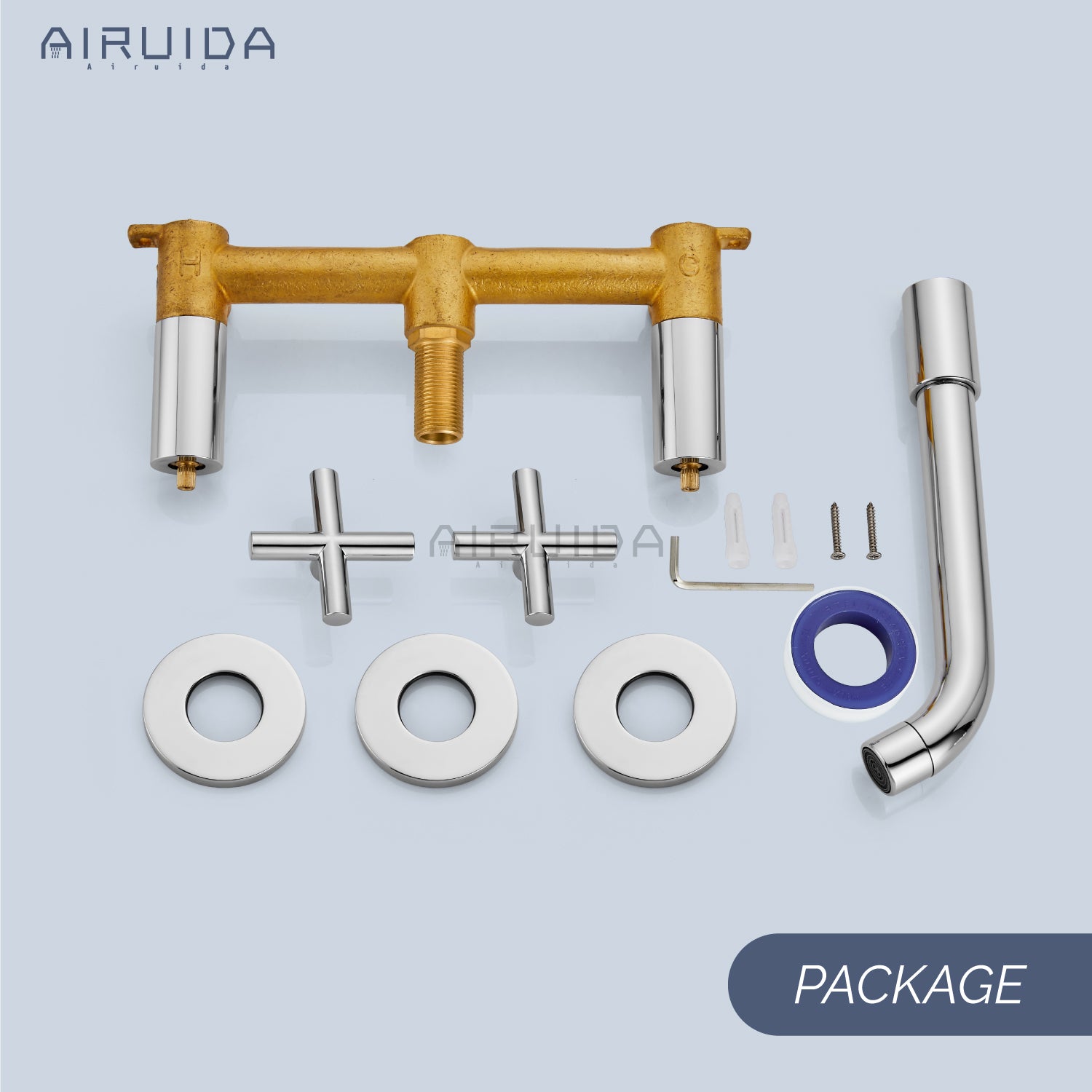 Airuida Wall Mount Bathroom Faucet Solid Brass Widespread Bathroom 360 Swivel Spout Sink Faucet Double Handles Lavatory Basin Sink Mixing Faucet with Rough in Valve