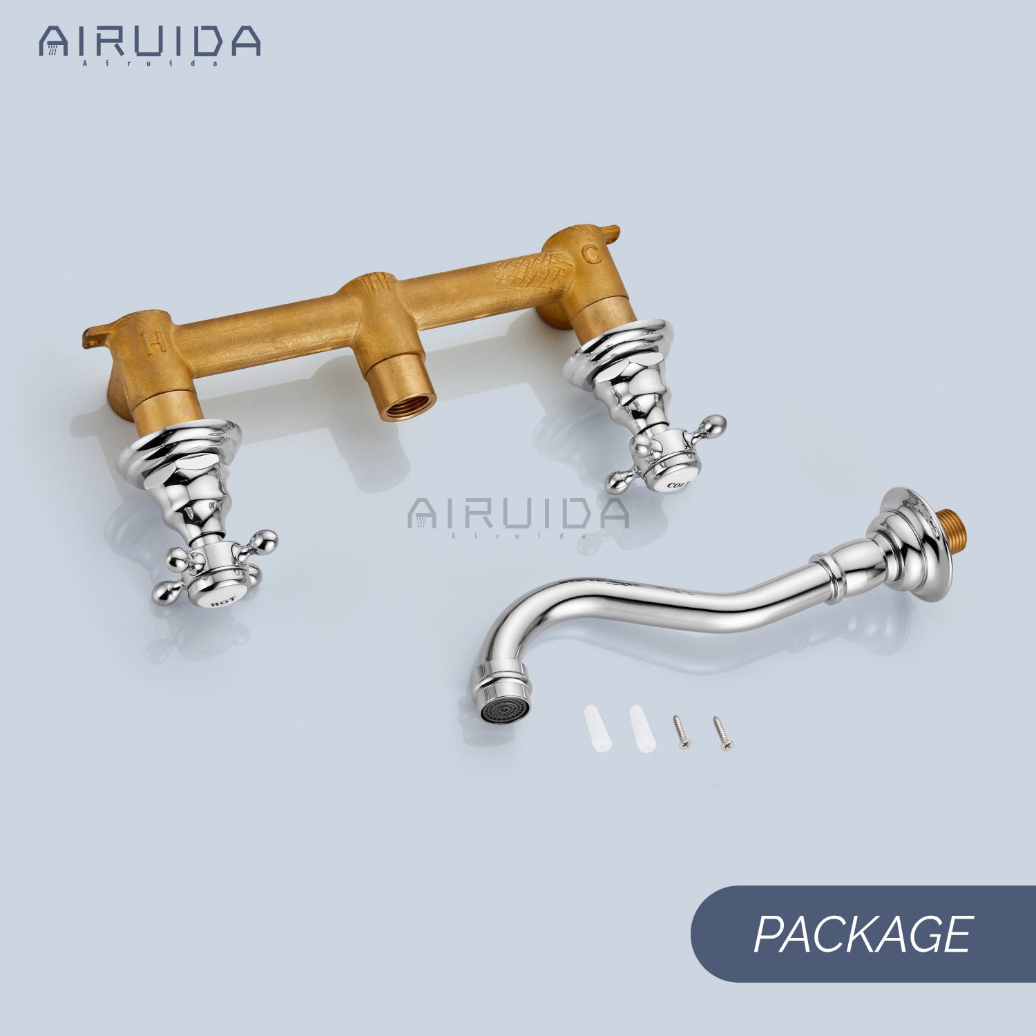 Airuida Wall Mount Faucet, Widespread Wall Mount Bathroom Sink Faucet, 360 Swivel Spout 2 Cross Knobs Handles 3 Holes Lavatory Basin Sink Mixing Faucet with Rough in Valve