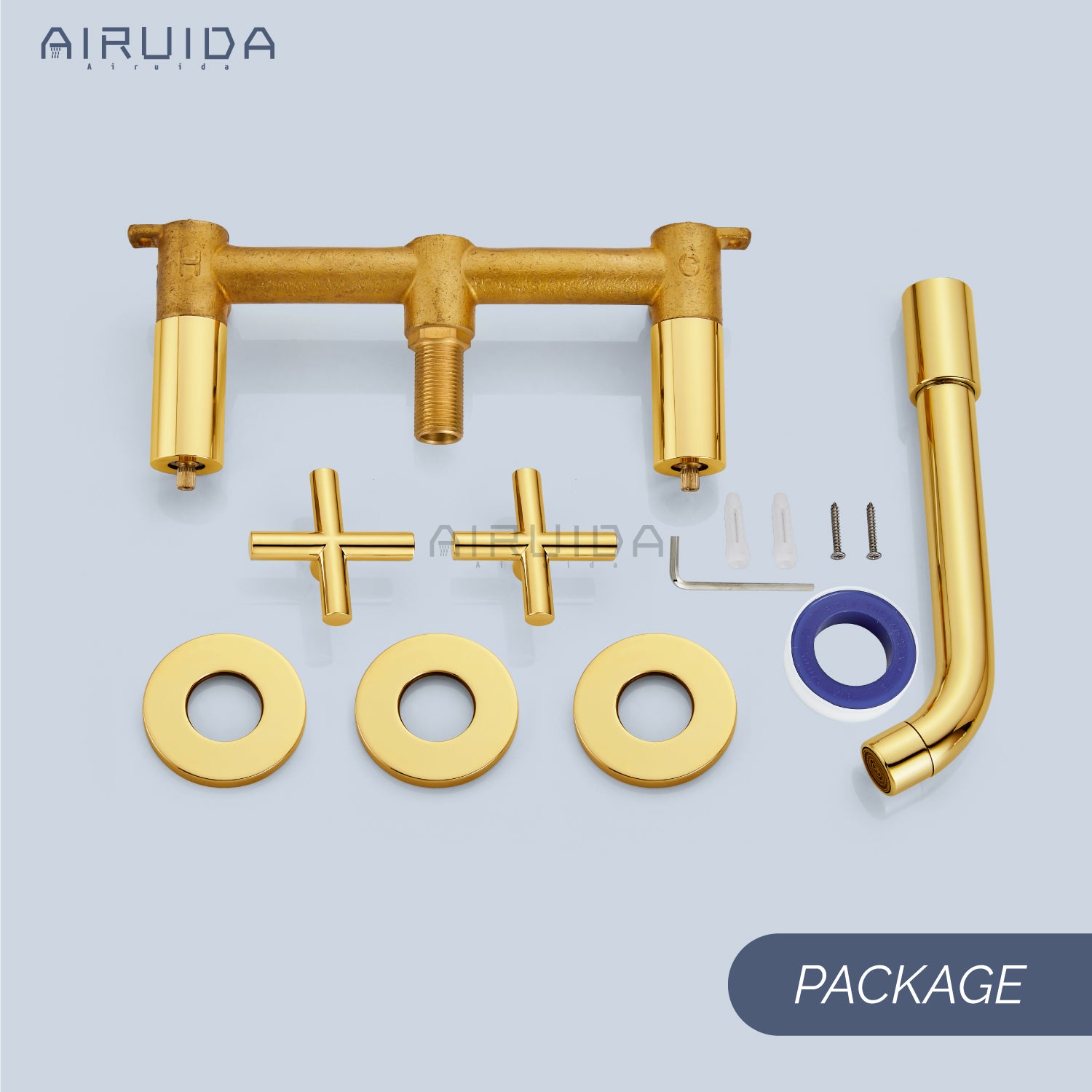 Airuida Wall Mount Bathroom Faucet Solid Brass Widespread Bathroom 360 Swivel Spout Sink Faucet Double Handles Lavatory Basin Sink Mixing Faucet with Rough in Valve
