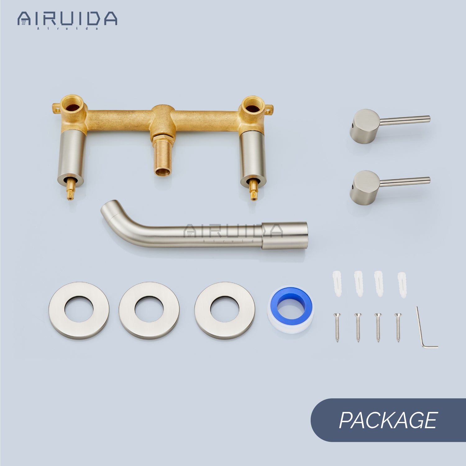 Airuida Wall Mount Bathroom Faucet Solid Brass Widespread Bathroom 360 Swivel Spout Sink Faucet Double Handles Lavatory Basin Sink Mixing Faucet with Rough in Valve