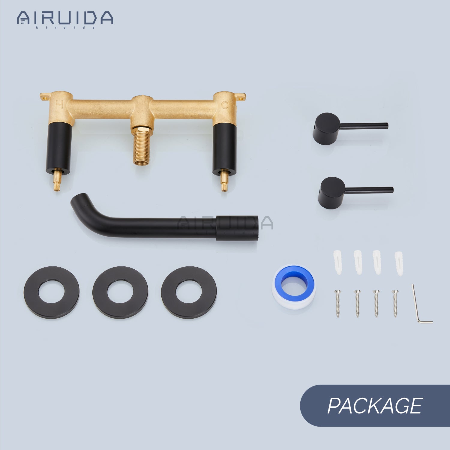 Airuida Wall Mount Bathroom Faucet Solid Brass Widespread Bathroom 360 Swivel Spout Sink Faucet Double Handles Lavatory Basin Sink Mixing Faucet with Rough in Valve