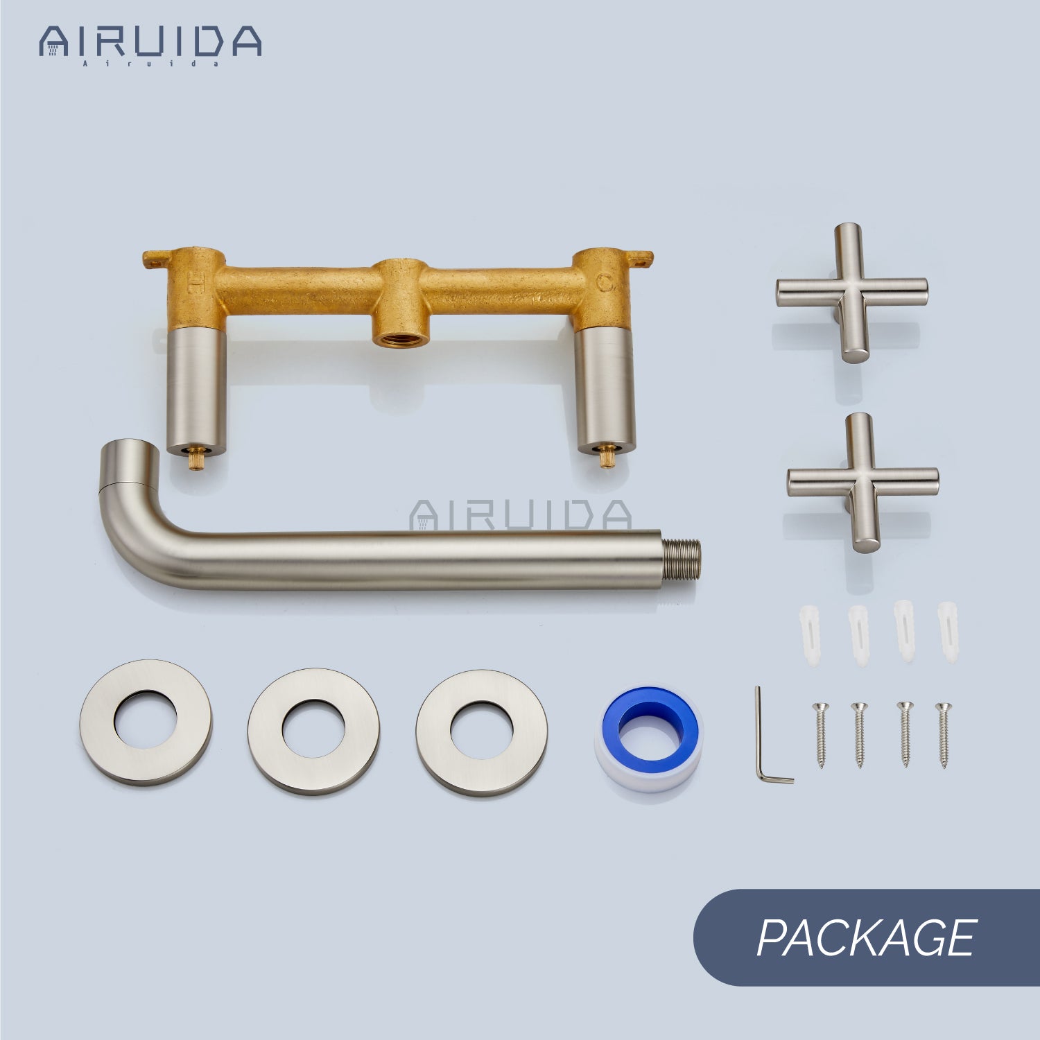 Airuida Wall Mounted Tub Faucet, Wall Mount Tub Filler,Wall Mount Bathtub Faucet with High Flow Two Cross Solid Brass Handles, Long Spout Reach with Rough-in Valve Included