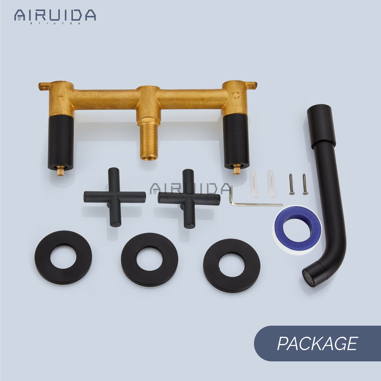 Airuida Wall Mount Bathroom Faucet Solid Brass Widespread Bathroom 360 Swivel Spout Sink Faucet Double Handles Lavatory Basin Sink Mixing Faucet with Rough in Valve