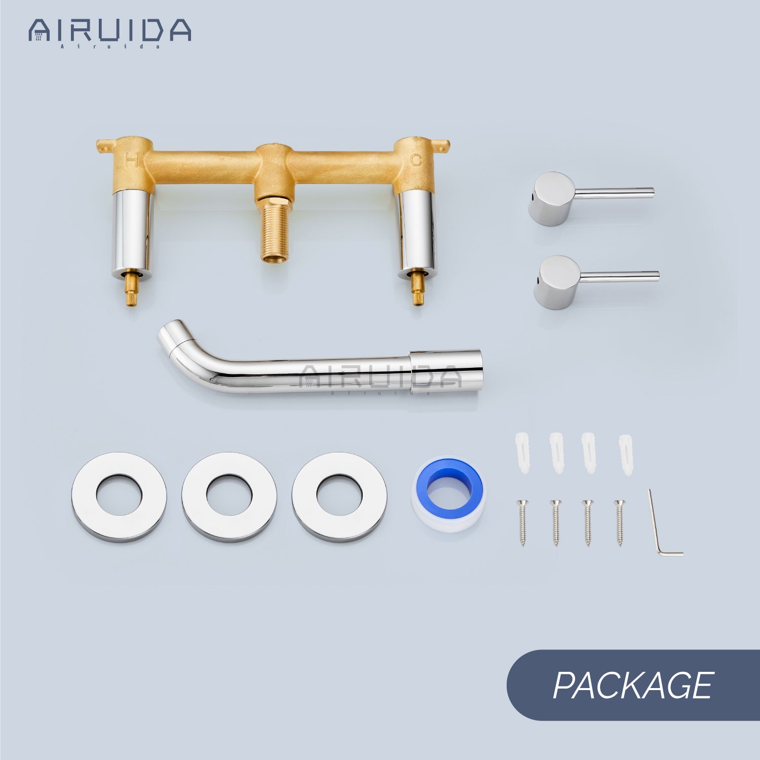 Airuida Wall Mount Bathroom Faucet Solid Brass Widespread Bathroom 360 Swivel Spout Sink Faucet Double Handles Lavatory Basin Sink Mixing Faucet with Rough in Valve
