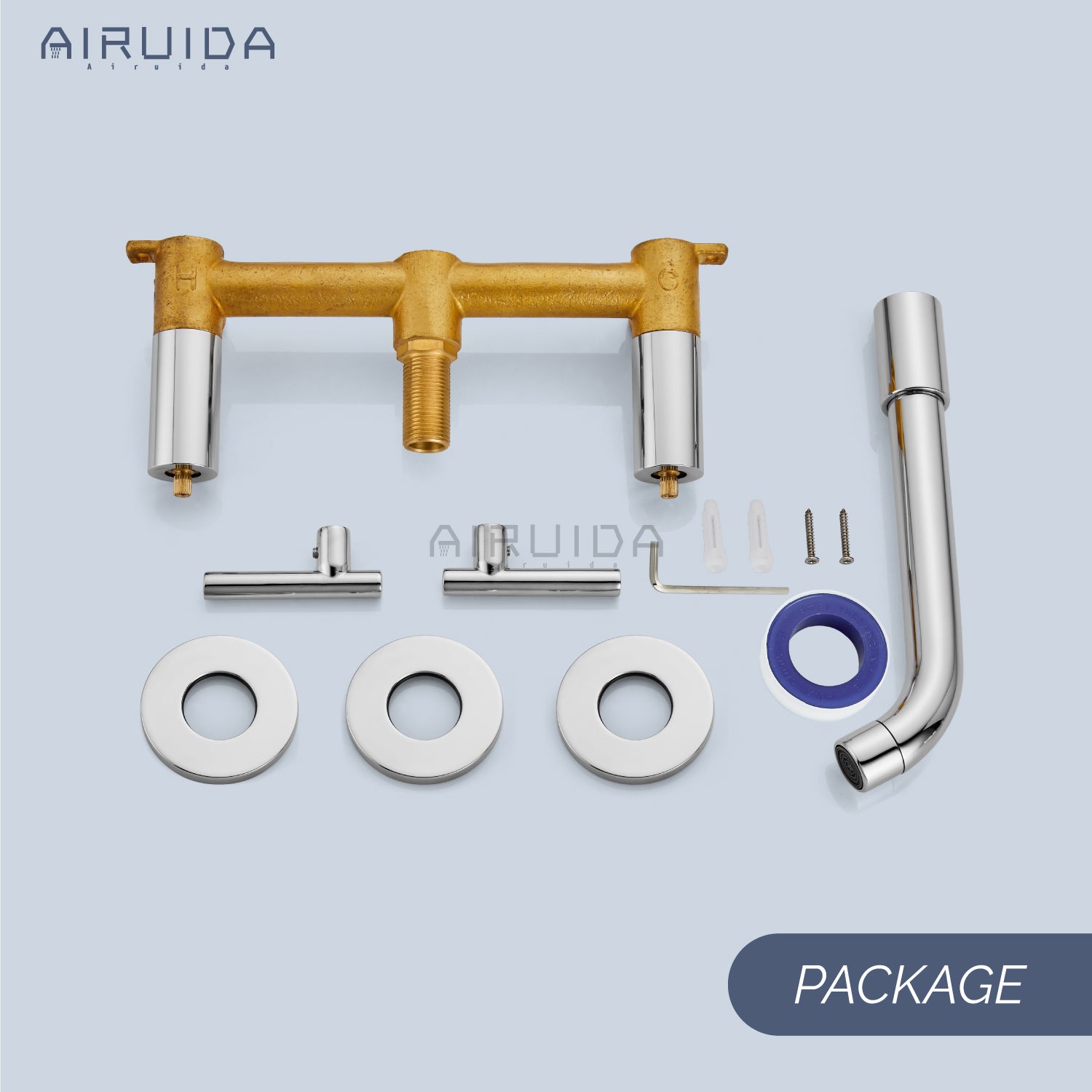 Airuida Wall Mount Bathroom Faucet Solid Brass Widespread Bathroom 360 Swivel Spout Sink Faucet Double Handles Lavatory Basin Sink Mixing Faucet with Rough in Valve