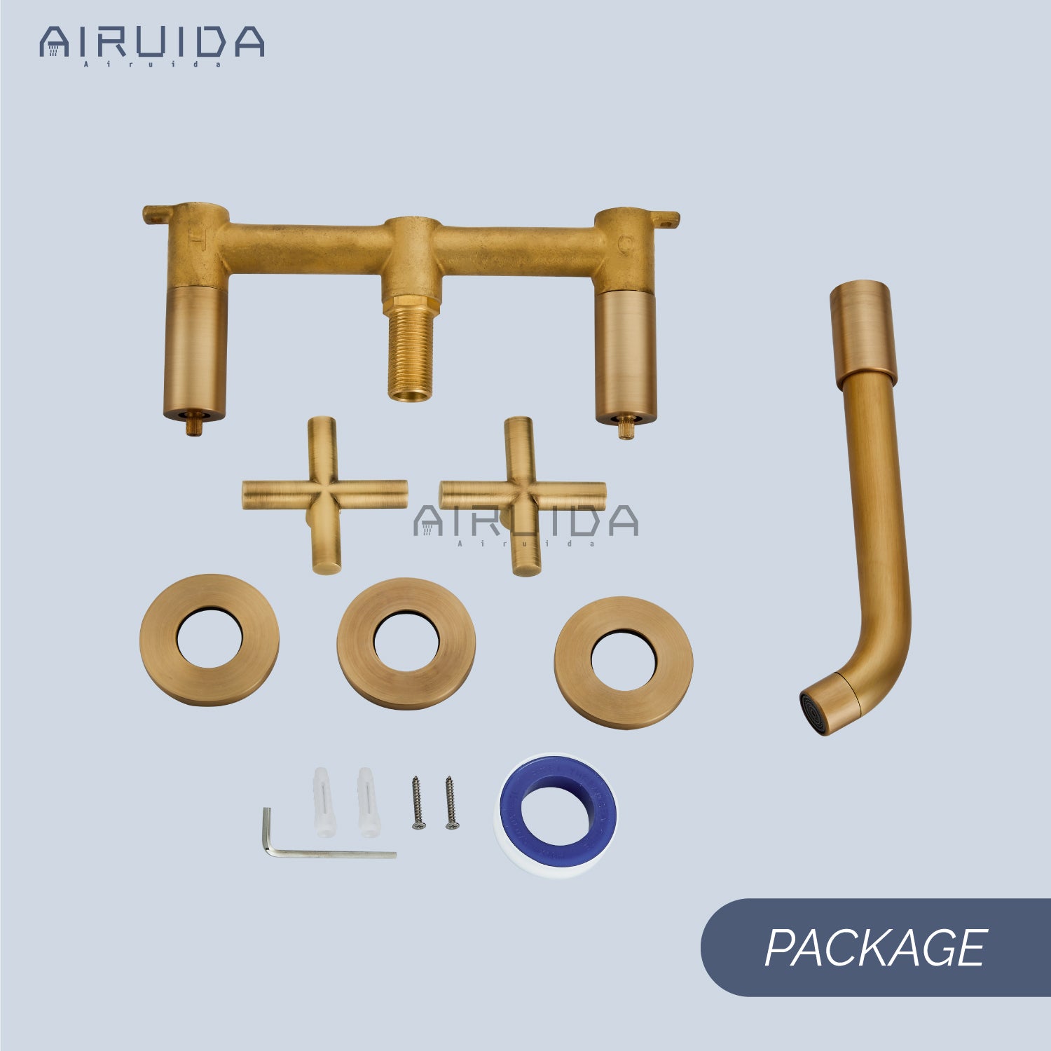 Airuida Wall Mount Bathroom Faucet Solid Brass Widespread Bathroom 360 Swivel Spout Sink Faucet Double Handles Lavatory Basin Sink Mixing Faucet with Rough in Valve