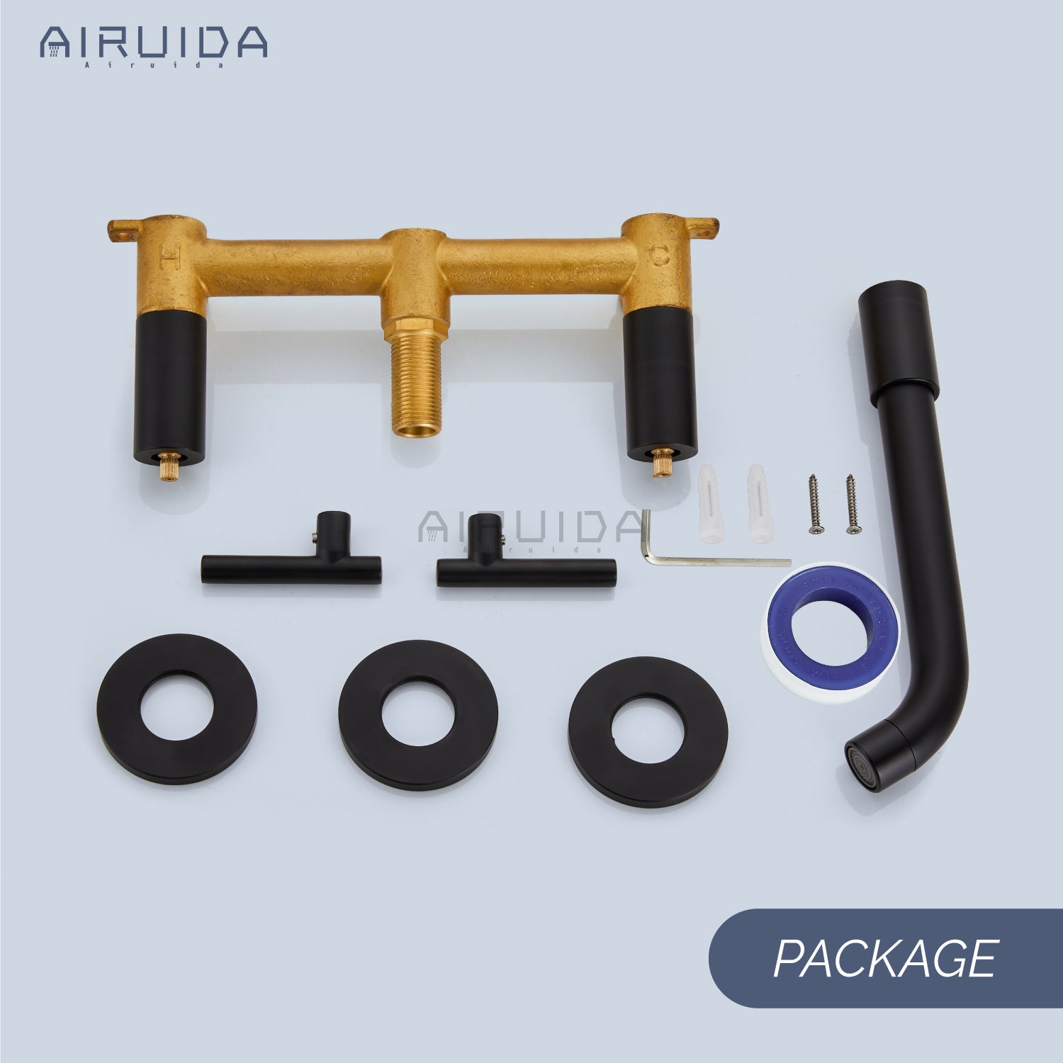 Airuida Wall Mount Bathroom Faucet Solid Brass Widespread Bathroom 360 Swivel Spout Sink Faucet Double Handles Lavatory Basin Sink Mixing Faucet with Rough in Valve