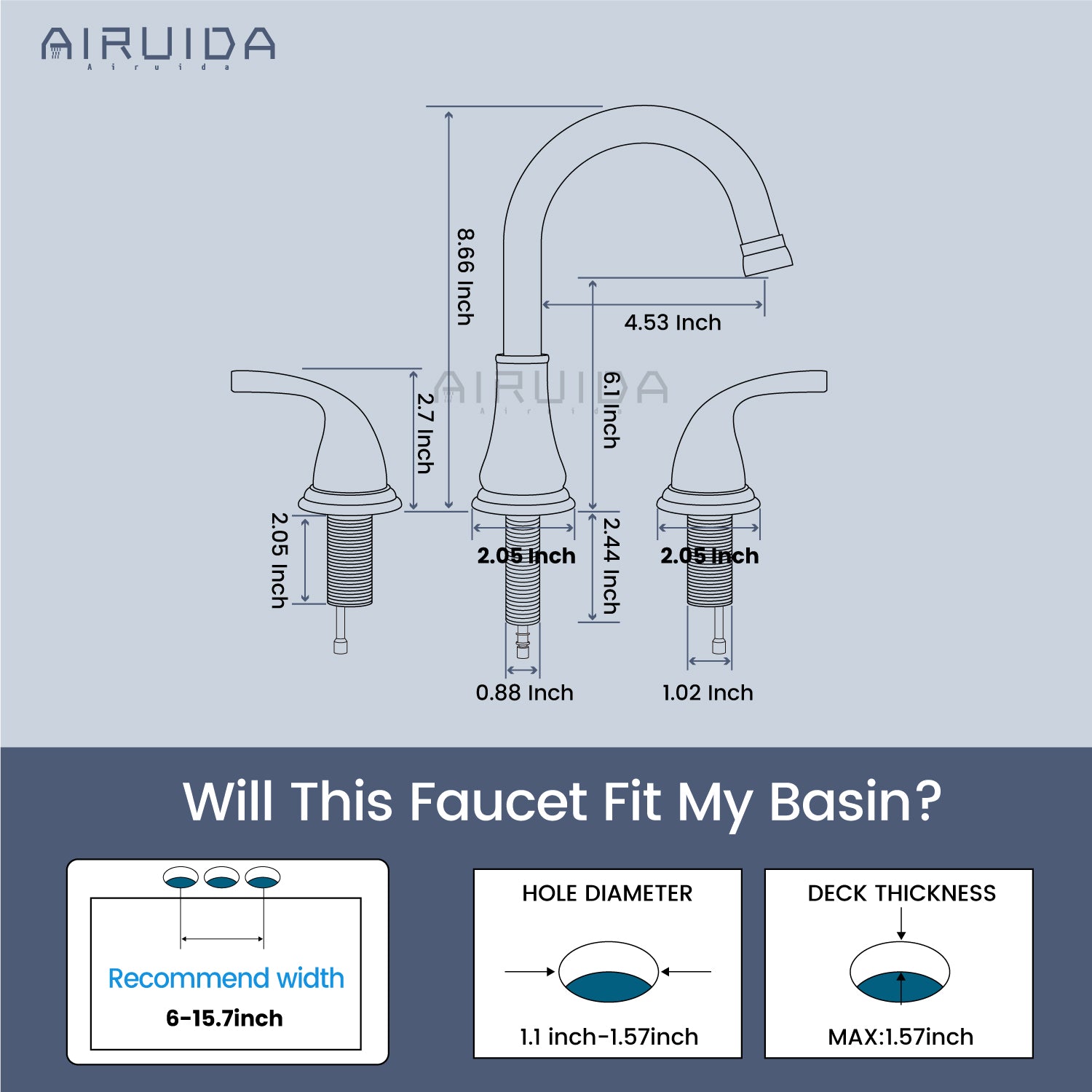 Airuida 8 Inch Widespread Bathroom Sink Faucet 2 Handles 3 Holes 360 Degree Swivel Spout Stainless Steel Lavatory Vanity Faucets Bathroom Faucets