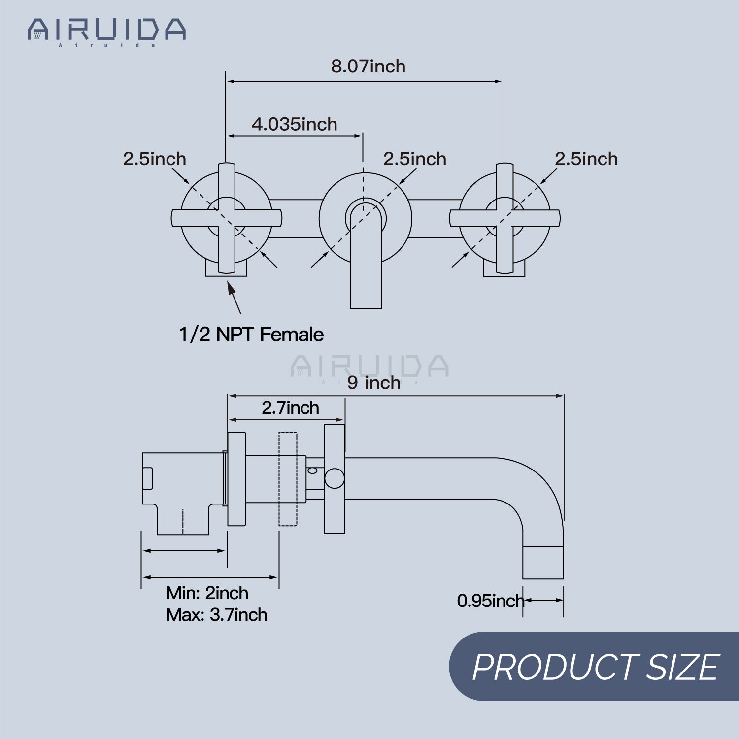 Airuida Wall Mount Bathroom Faucet Solid Brass Widespread Bathroom 360 Swivel Spout Sink Faucet Double Handles Lavatory Basin Sink Mixing Faucet with Rough in Valve