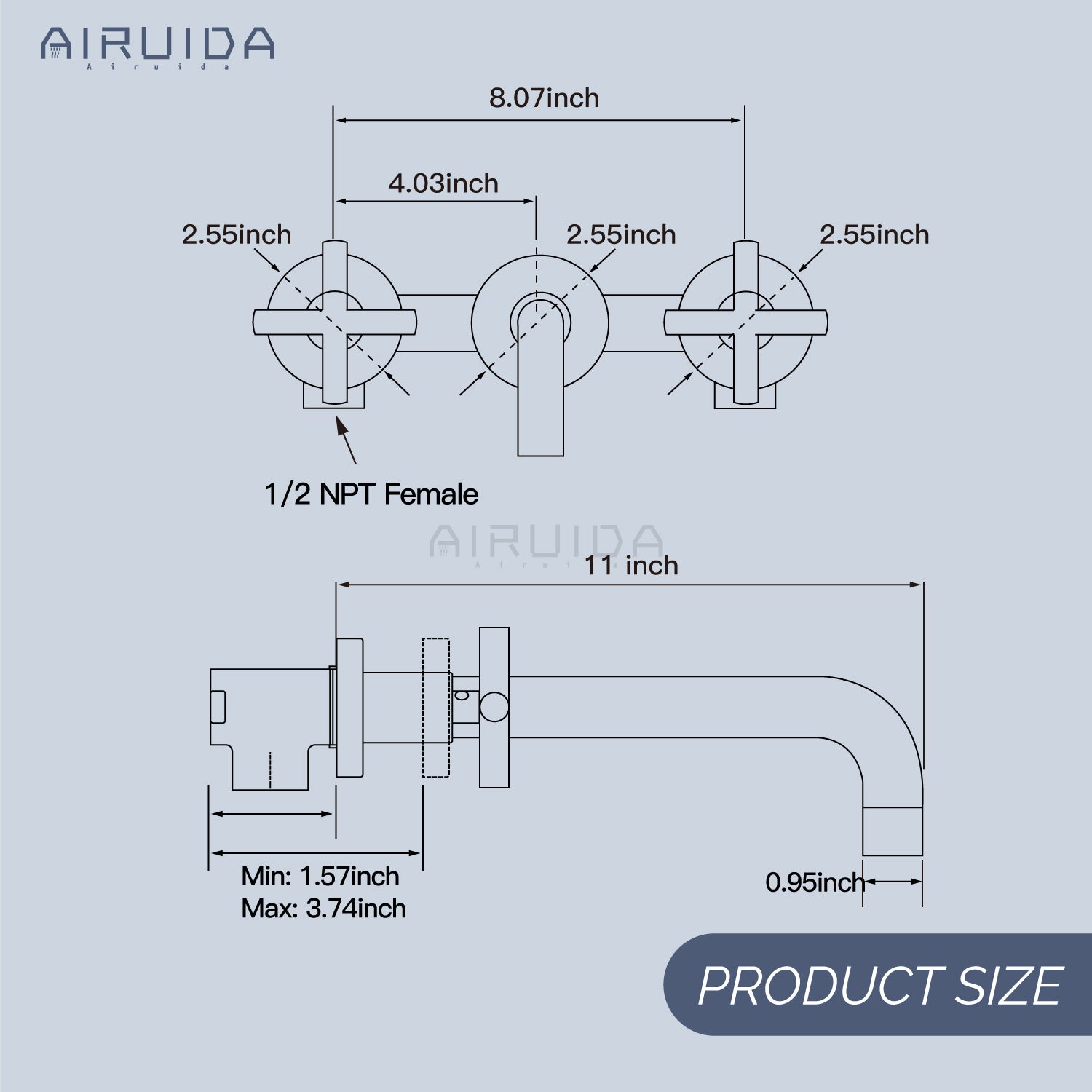 Airuida Wall Mounted Tub Faucet, Wall Mount Tub Filler,Wall Mount Bathtub Faucet with High Flow Two Cross Solid Brass Handles, Long Spout Reach with Rough-in Valve Included