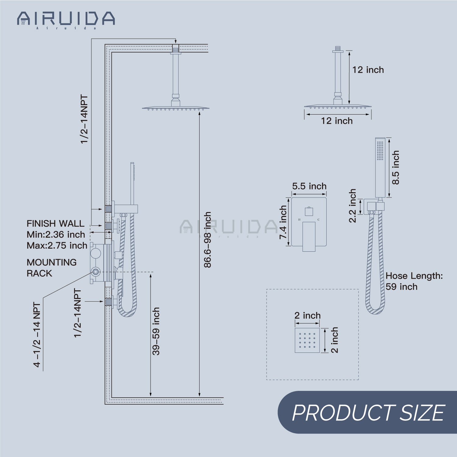 Airuida Matte Black 12 Inch Ceiling Mount Rain Shower Head with Handheld Shower Faucet Rough-in Valve SUS304 Shower Head Body Spray Jets Brass Shower Handheld Rain Mixer Shower System Set